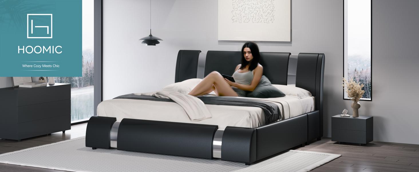 HOOMIC Modern Faux Leather Platform Bed Frame【Frame Only No Mattress】with Iron Pieces Decor,Low Profile Platform Bed with Height-adjustable Headboard,Solid Wood Slat Support,No Box Spring Needed,Queen/King Size#SummerVibes