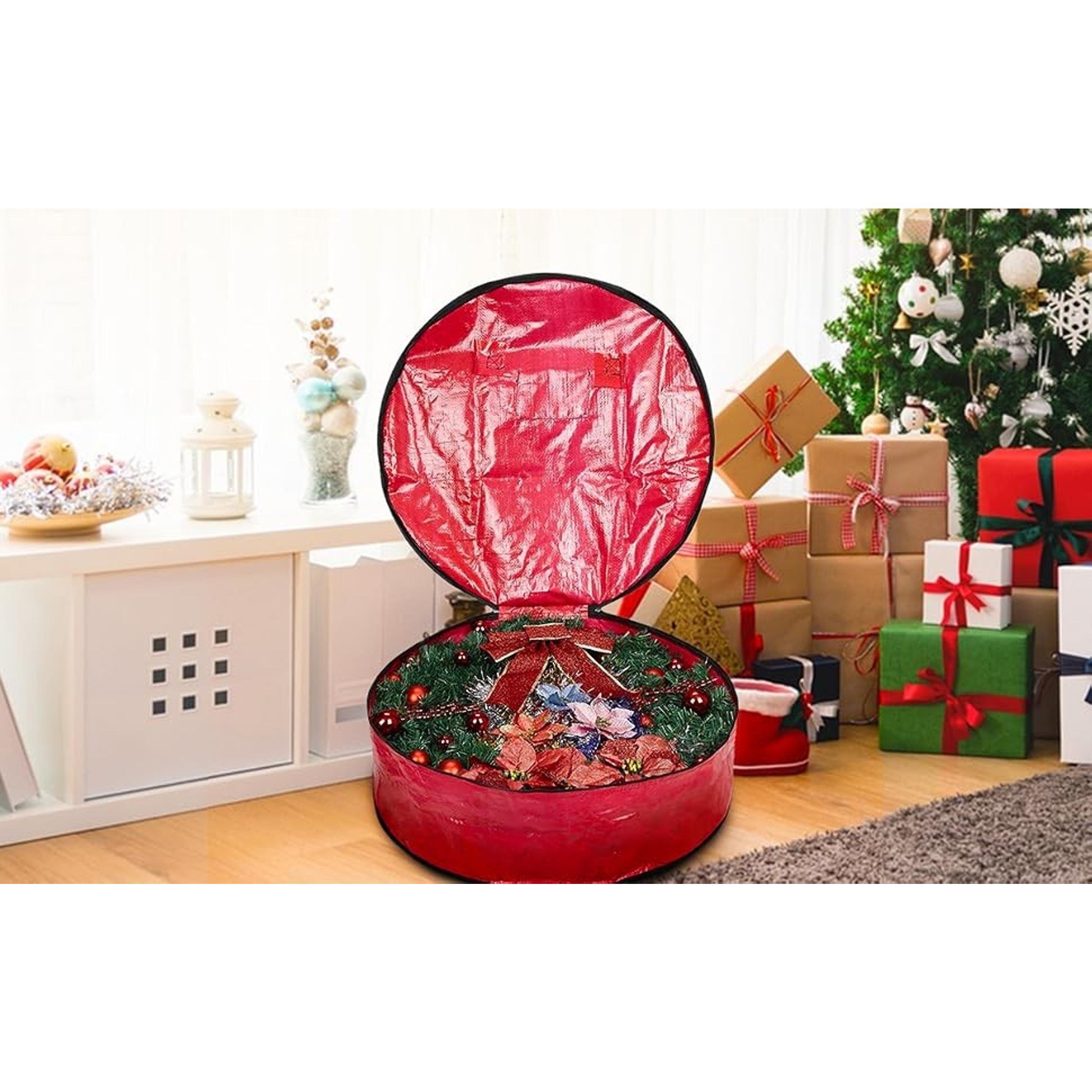 Propik 24" Wreath Storage Bag, Black Tear Resistant Holiday Garland Container, Easy Storage with Heavy Duty Handles & Transparent Card Slot, 24” X 24” X 8”