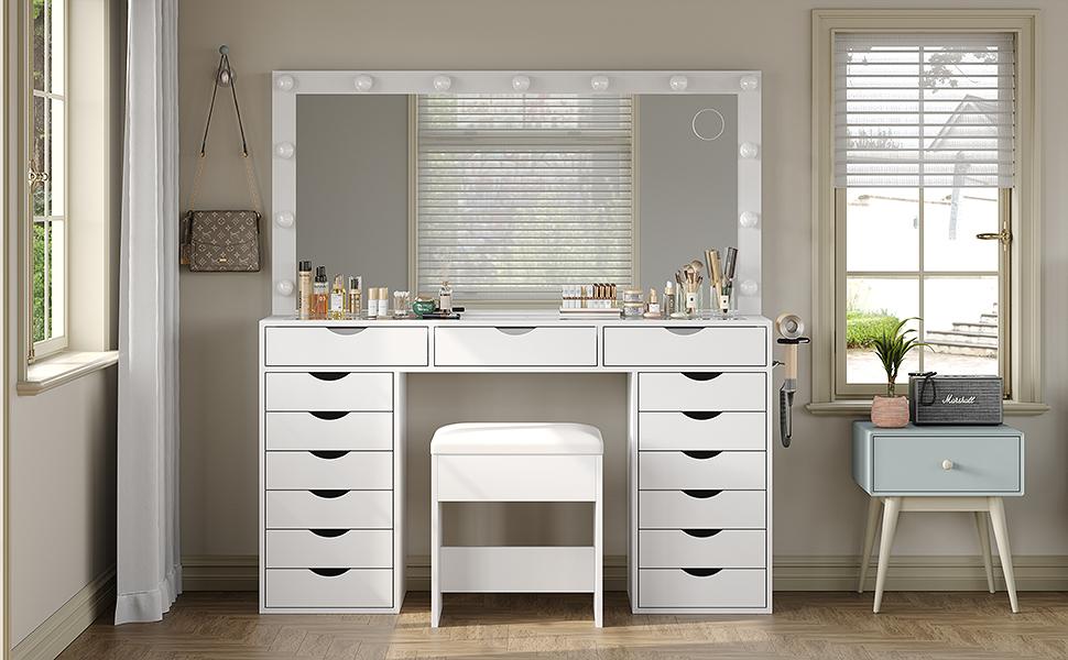 FUSOU 55“W 15 Drawers Vanity Desk with Power Outlet【Shipping By 2 Packages】Makeup Table with Mirror and LED Lights, 3 Color Lighting Modes, Vanity Table with Chair for Bedroom FUSOU 55“W 15 Drawers Vanity Desk with Power Outlet【Shipping By 2 Packages】Makeup Table with Mirror and LED Lights, 3 Color Lighting Modes, Vanity Table with Chair for Bedroom