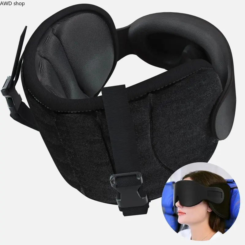 Travel Neck Pillow with Head Strap & Eye Mask, 360° Support Anti-Bobble Headrest, Soft Sleep Accessory in Black, Comfort Travel Cushion for Airplane Long Flights, Car Road Trips, Great Rest Gift for Travelers