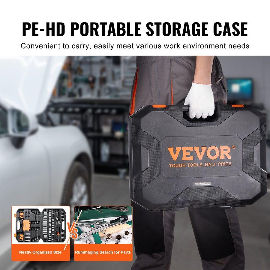 VEVOR 145-Piece Metal Mechanic Tool Set with Storage Case - Car Repair Tools Including 1/4 & 3/8 Drive Deep/Standard Sockets, SAE/Metric Bits, Combination Wrenches, Hex Wrenches, and Accessories