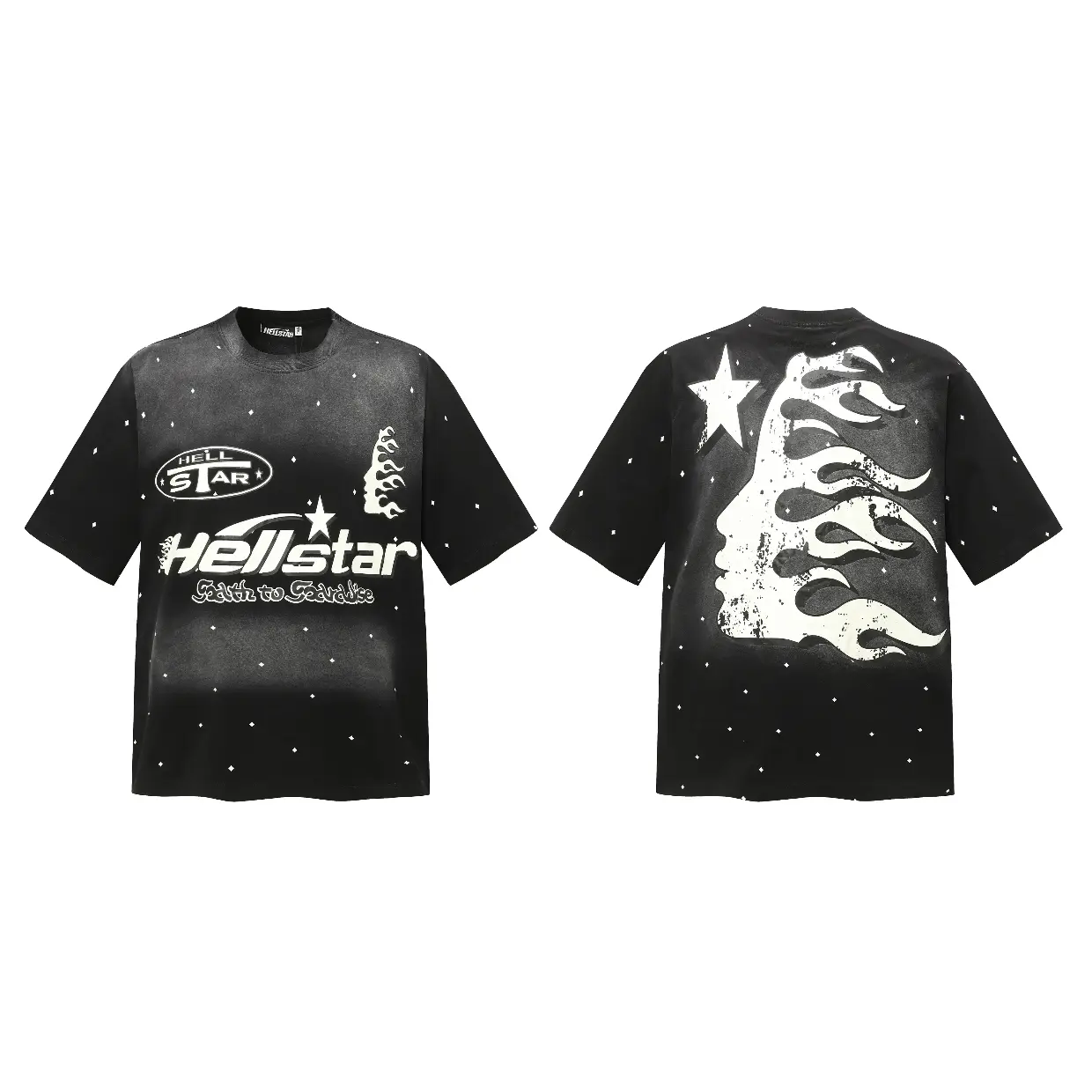 HELLSTAR Certified Premium Star Speckle Graphic T-Shirt for Men, Vintage Rap Tee with Flame Face Back Print, Y2K Streetwear Short Sleeve Crew Neck Top for Casual Summer Daily Wear and Urban Outfits