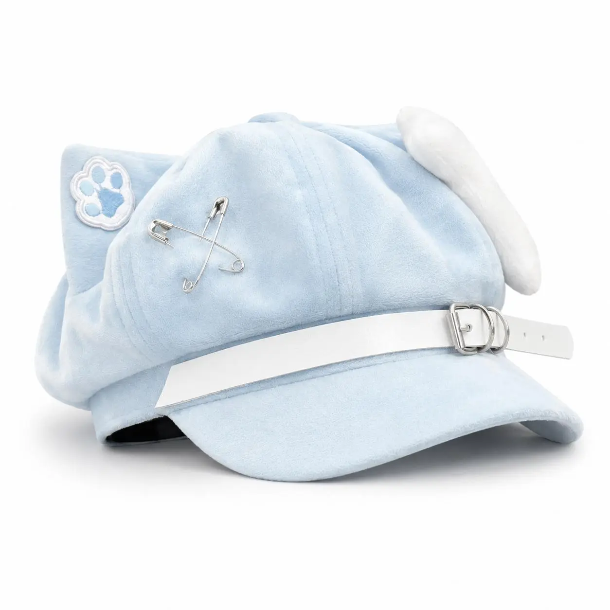 Streetwear Cat Ear Baseball Cap for Women & Men, Paw Embroidery Short-Brim Hat with Bone Charm, Safety Pin Detail & Adjustable Strap, Y2K Kawaii Casual Sun Cap, 56–58cm