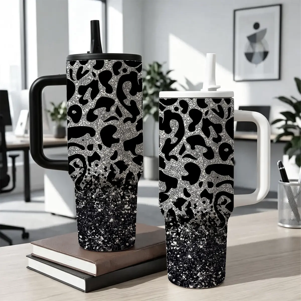 40oz Leopard Print Glitter Stainless Steel Tumbler with Handle & Straw, Black Silver Sparkle Design, Double-Wall Leakproof Vacuum Insulated Travel Mug, Stylish Gift for Women, Ideal for Travel & Daily Hydration cup holder fit flask