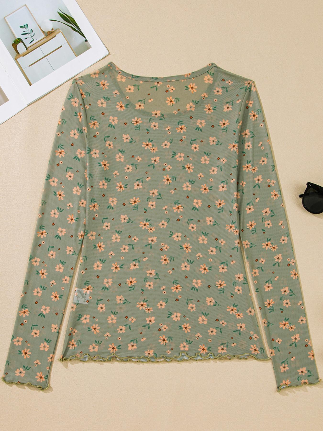 Vintage Floral Print Southern Style Mesh Long Sleeve Top, Women's Casual Fashion, Spring & Fall Wear, Comfortable and Stylish