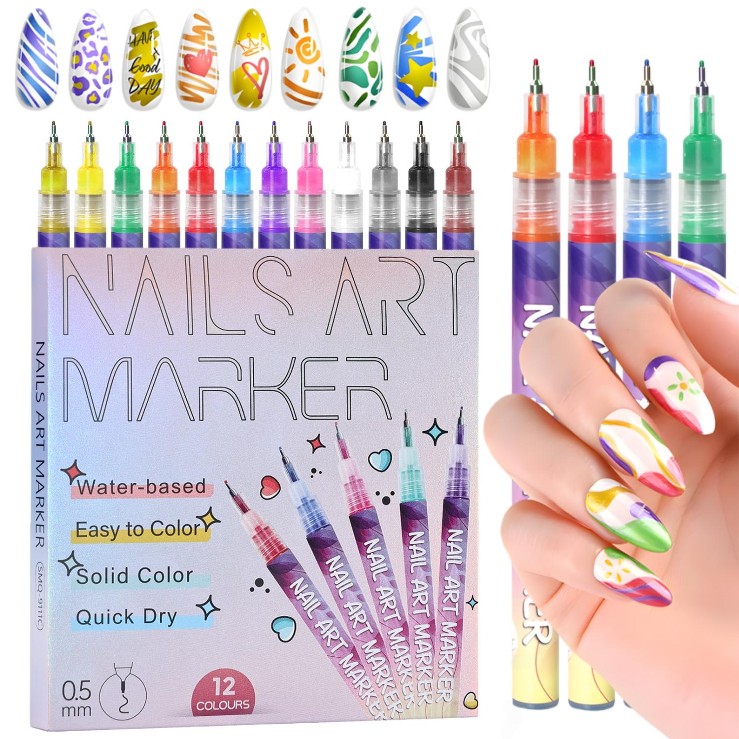 12 Colors Nail Art Pen Set, 1 Set Quick Drying Acrylic Paint Nail Art Markers, DIY Nail Art Design Pens for Home Salon Use, Polish, Nail Designs, Nail Art Tools