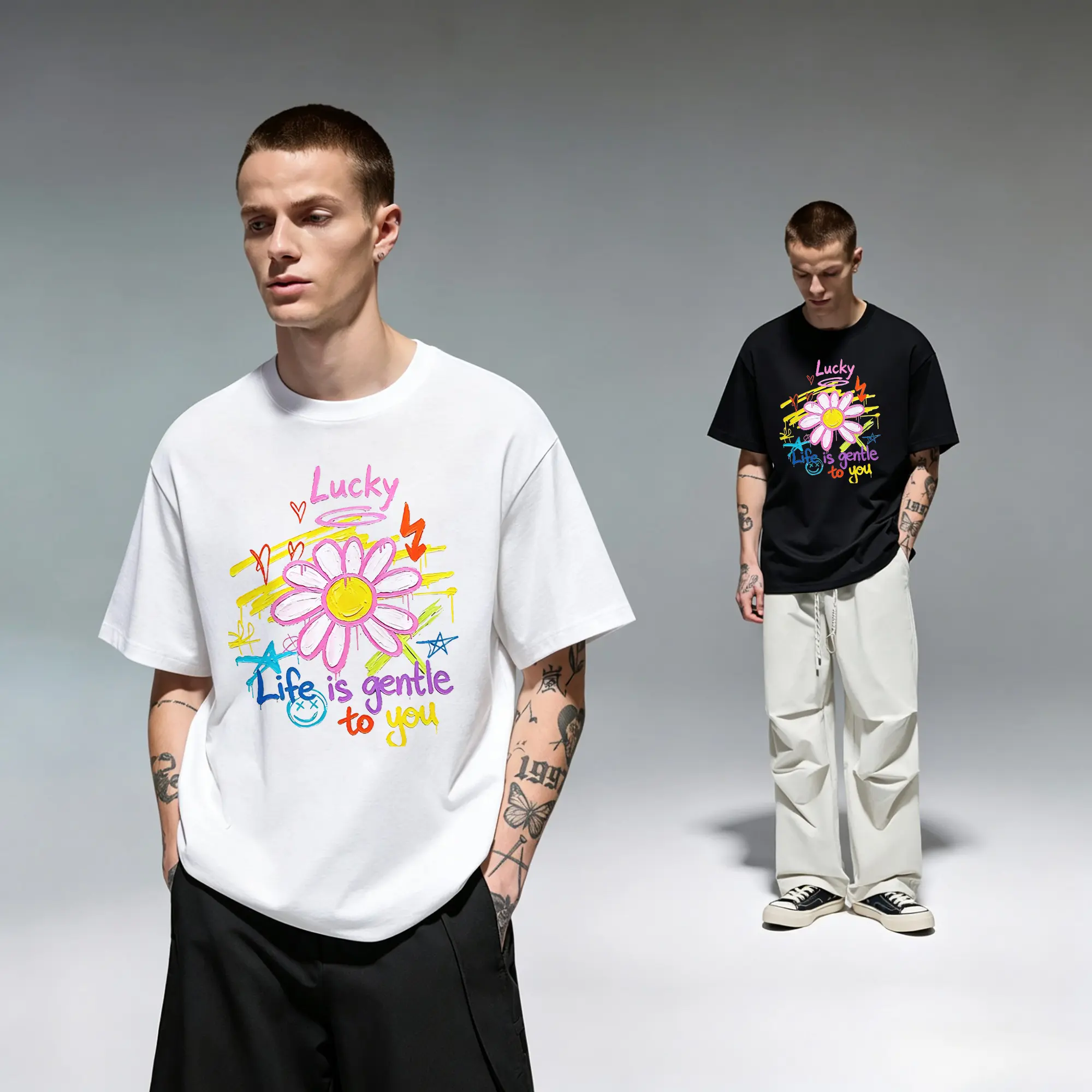 Lucky Life Is Gentle To You Smiley Flower Graffiti Original Oversized Cotton Graphic Tee T-Shirt for Men Gift Cutting Ideas Teen Boys Girls Y2K Aesthetic Positive Vibe Inspirational Quote Casual Everyday Wear Urban Streetwear Trendy Apparel Top