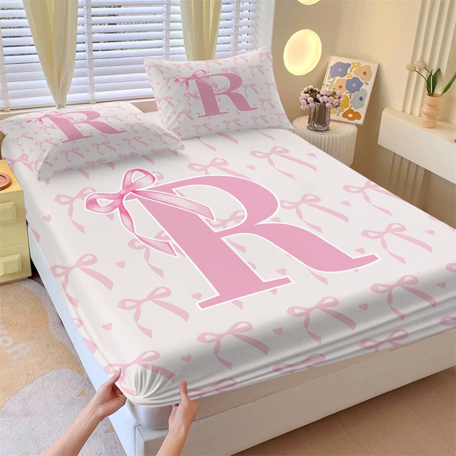 3Pcs Pink Romantic Ballet Bow Alphabet Fitted Sheet Set, For Kids Bedroom & Homestay, Elastic Wrap Around Mattress, Perfect for Housewarming, Birthday & Christmas Gifts