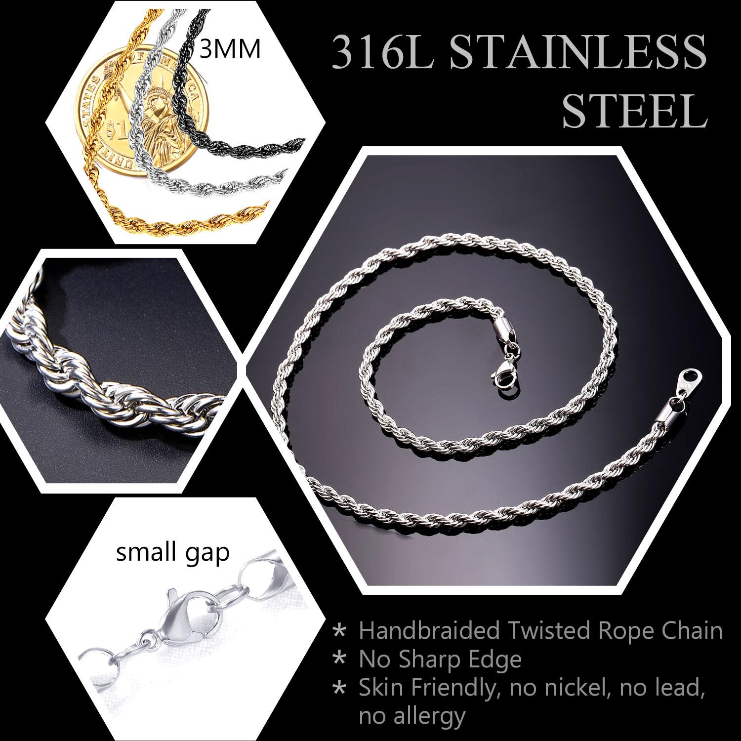 U7 Twist Rope Chain Necklace Daily Casual Punk Hypoallergenic No Tarnish Unisex Stackable Stainless Steel 3/6/9mm Chain Necklace for Men Women Hip Hop Jewelry