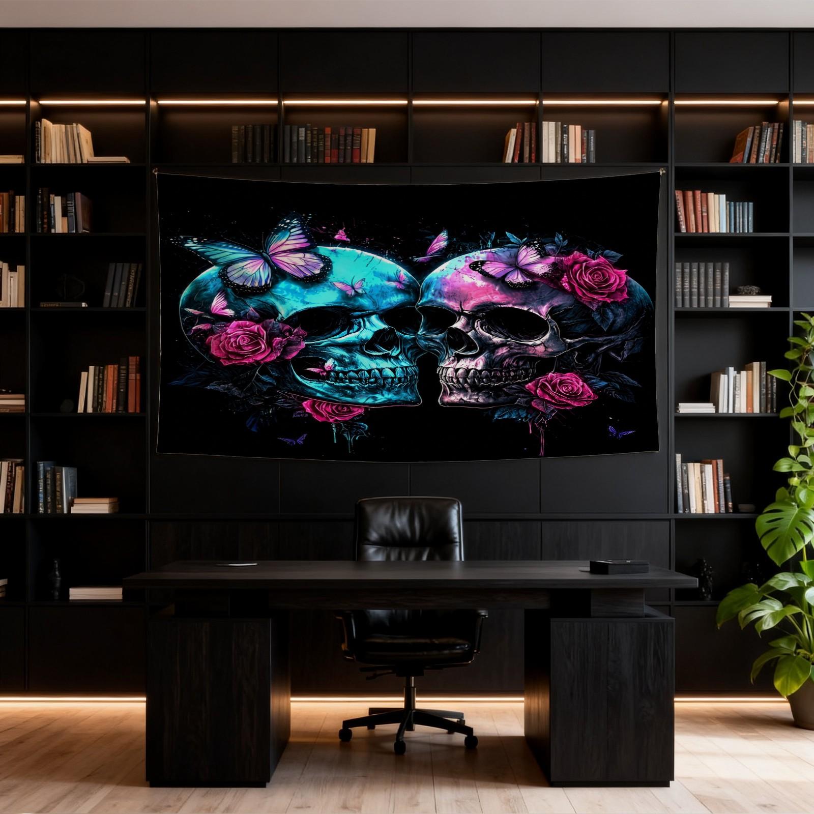 Neon Skull & Rose Print Tapestry, Gothic Aesthetic Style, Vivid & Fade-Resistant, Personalized Home Decor, Ideal for Bedroom, Living Room & Dorm, Perfect Keepsake Gift