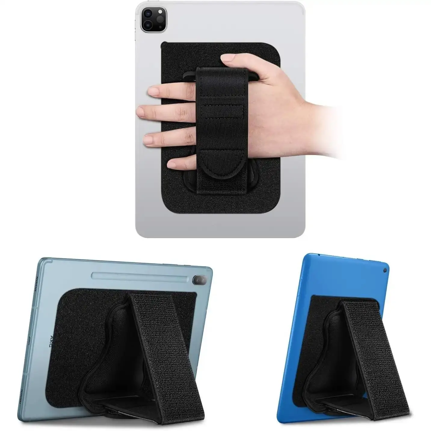 Universal Tablet Hand Strap Holder - [Dual Stand Supports] Detachable Padded Hook & Loop Fastening Handle Grip with Adhesive Patch for iPad/Galaxy Tab and All 7-11" Tablets, Black