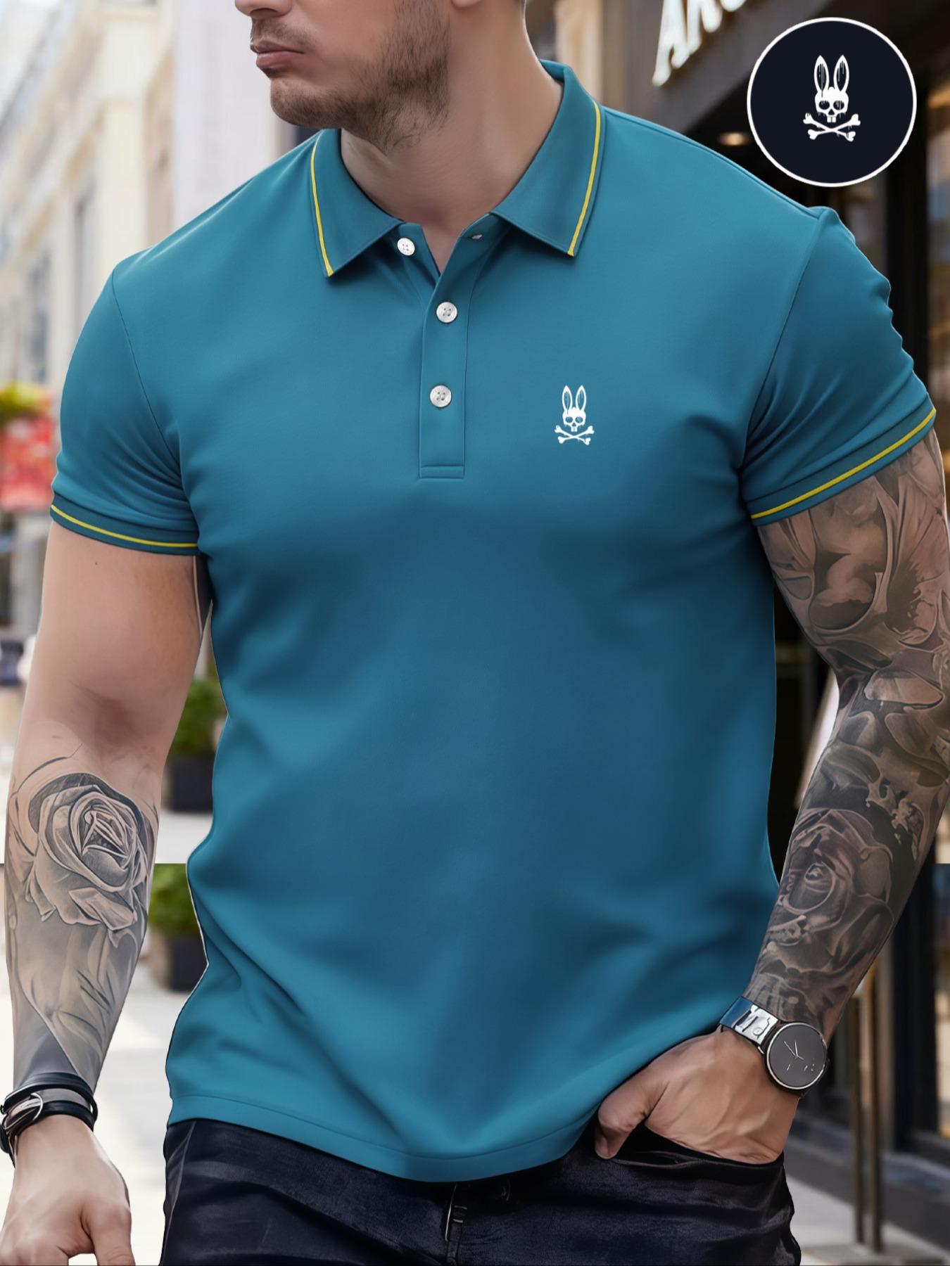 Men's Regular Fit Letter Print Skull Rabbit Contrast Trim Polo Shirt, Casual Short Sleeve Half Zip Top for Summer, Fashion Men's Clothes for Daily Wear, Menswear