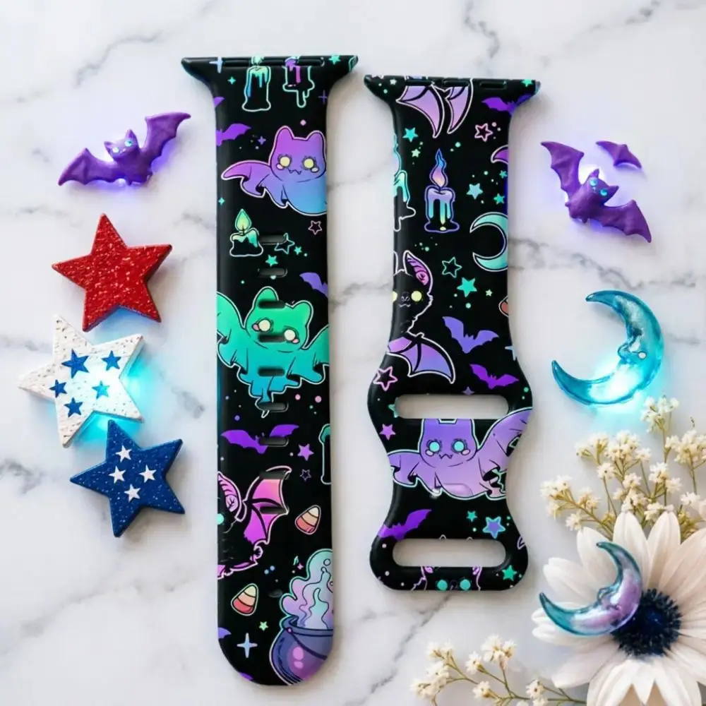 Y2K Pastel Goth Halloween Silicone Watch Band - Neon Bat Witch Cauldron Print Spooky Cute Replacement Strap, Soft Adjustable Holiday Wrist Accessory For Apple Watch Ultra Series 11 10 9 8 7 6 SE 49mm 45mm 44mm 42mm 41mm 40mm 38mm