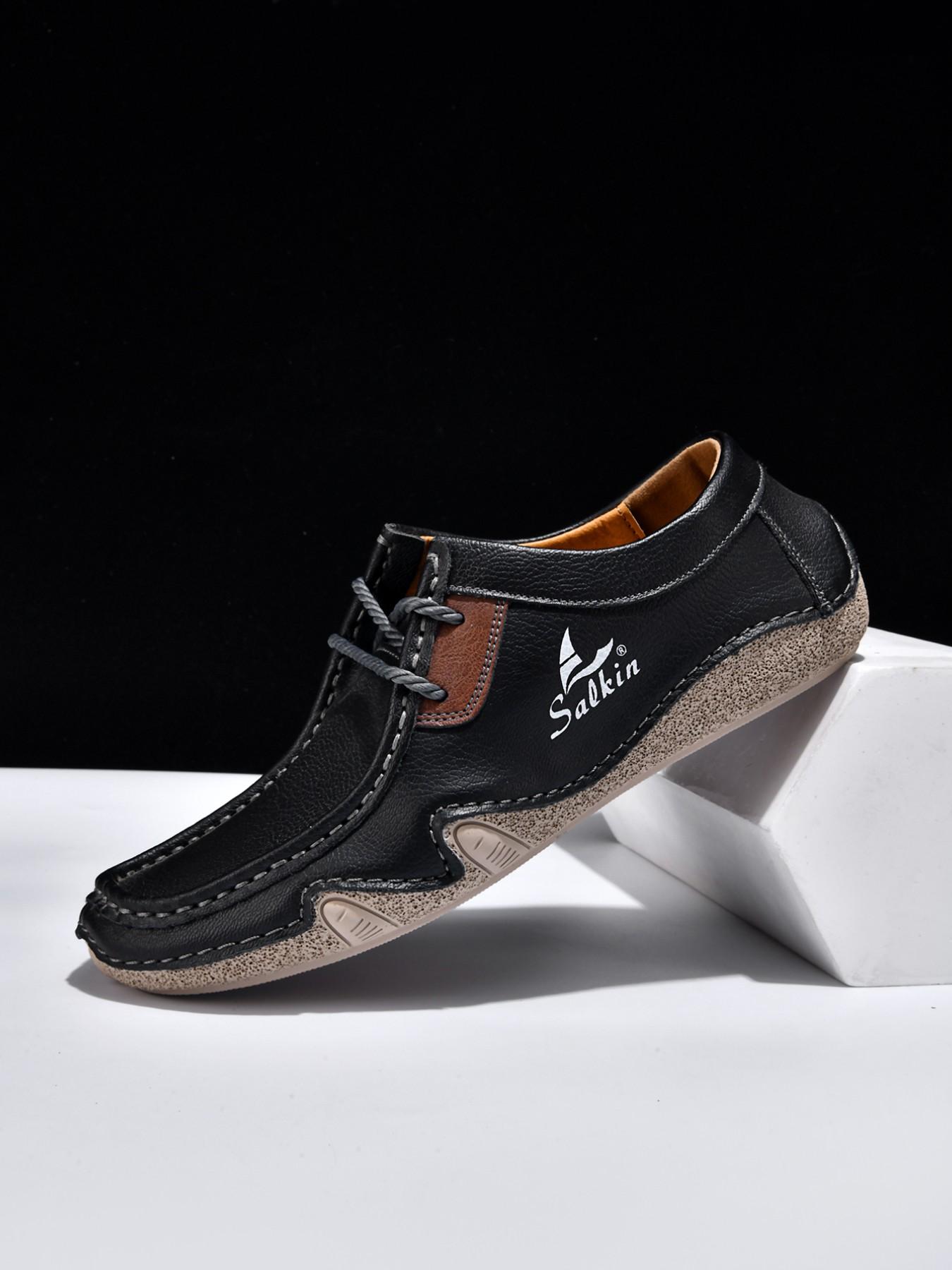 Men's Large Size Hand-Stitched Casual Shoes, Fashion Loafers, Low Top, Vintage Laces, Comfortable Rubber Sole, Outdoor & Office Wear