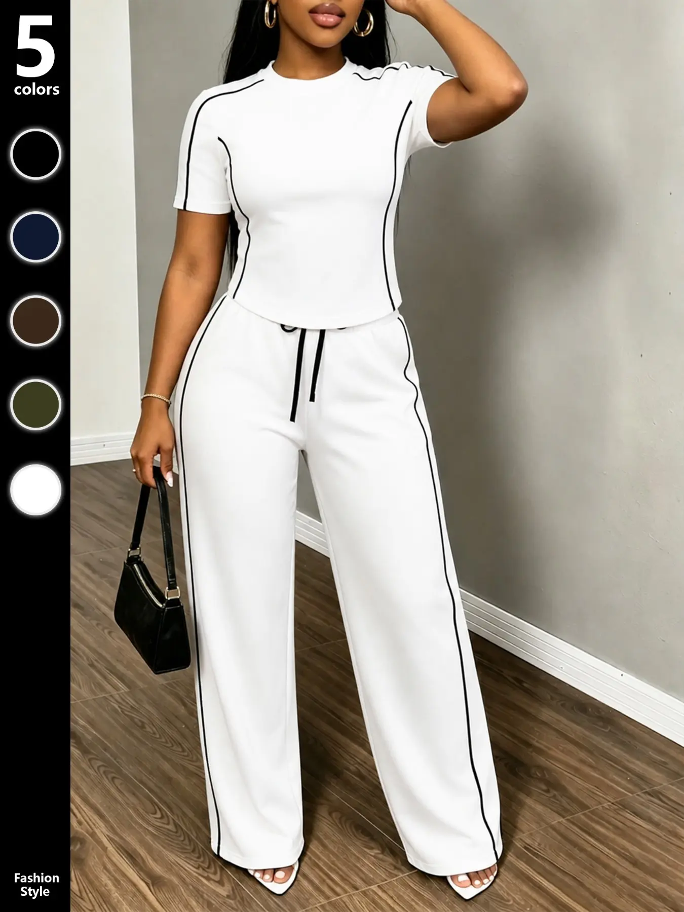 Women's Spring Summer Sporty Two-Piece Set, Fitted Round Neck T-Shirt & Wide Leg Pants, Casual Outdoor Wear, Multiple Colors Available, Sports Activewear Set
