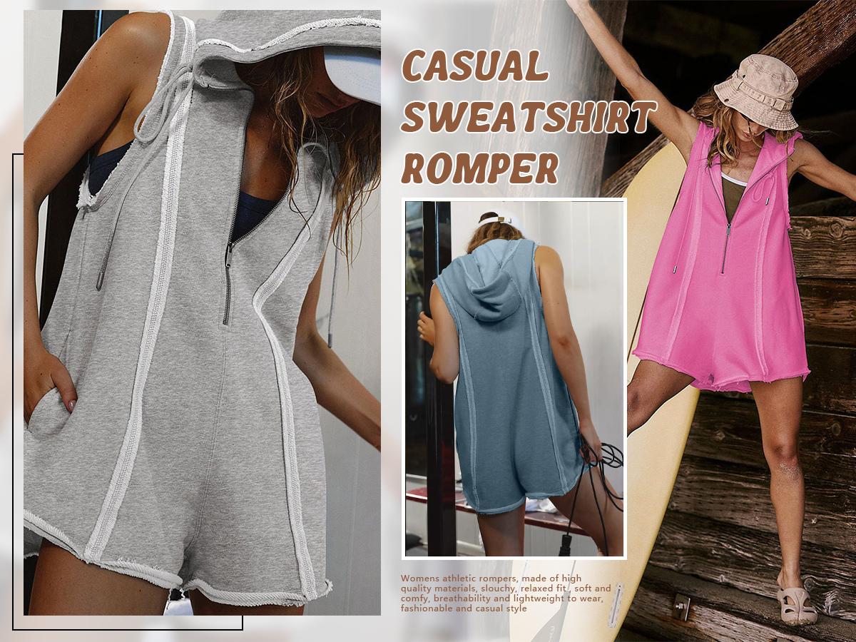 SCUSTY Women's Short Half Zipper Sports Jumpsuit  Leisure Sleeveless Loose hooded Athletic Romper Casual Summer Sweatshirt with Pockets for Fitness Outdoor Athleisure Style