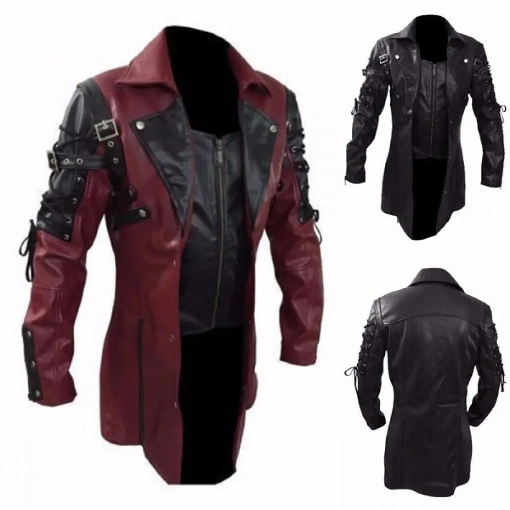 Medieval Steampunk Men Gothic Trench Coat Leather Jacket Punk Biker Jacket Autumn Winter Motocycle Jacket Cosplay Costume
