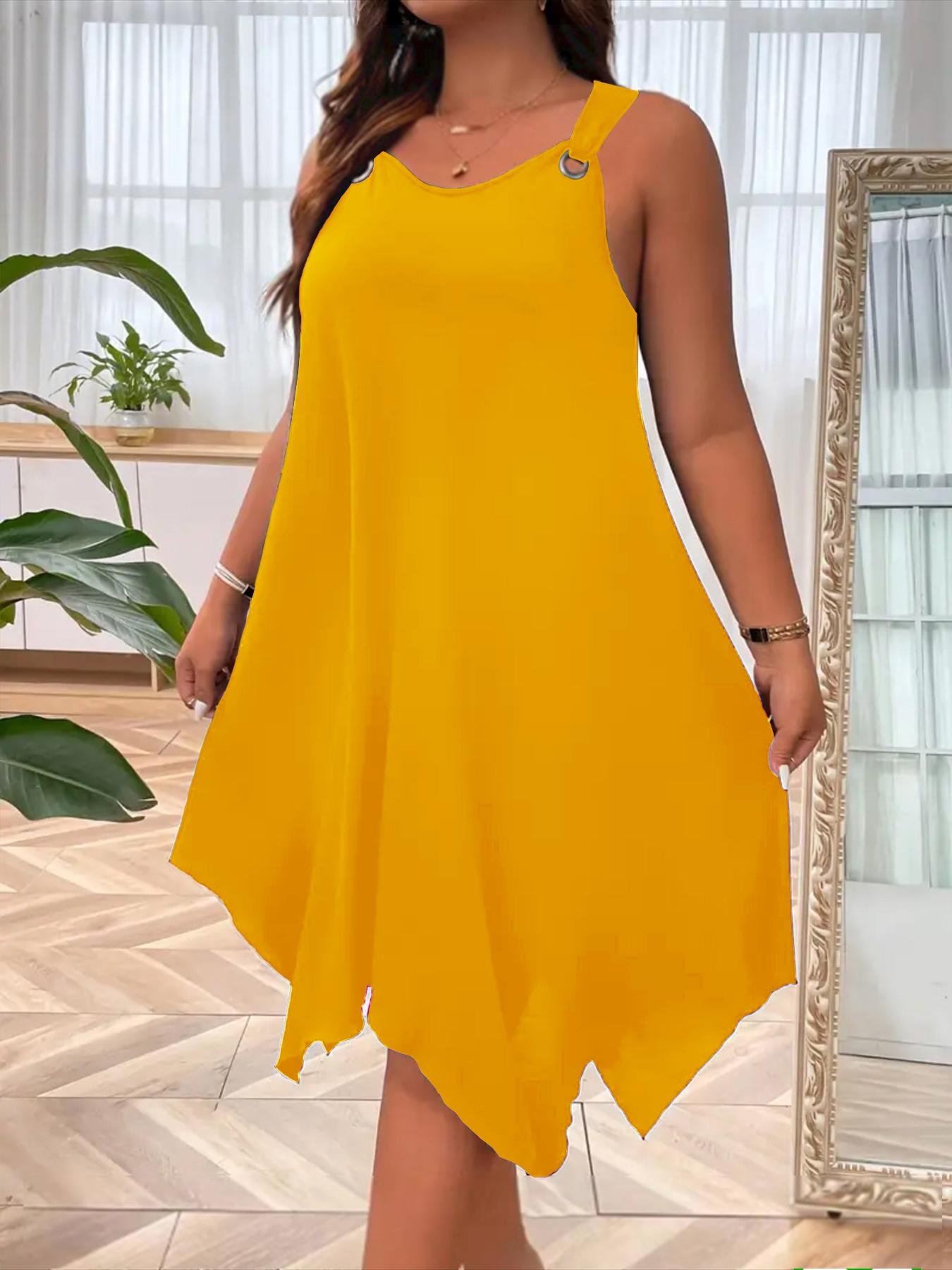 Women's Plus Size A-Line Sleeveless Spaghetti Strap V-Neck Dress, Basic Elegant Loose-Fit Casual Summer Dress for Daily Wear