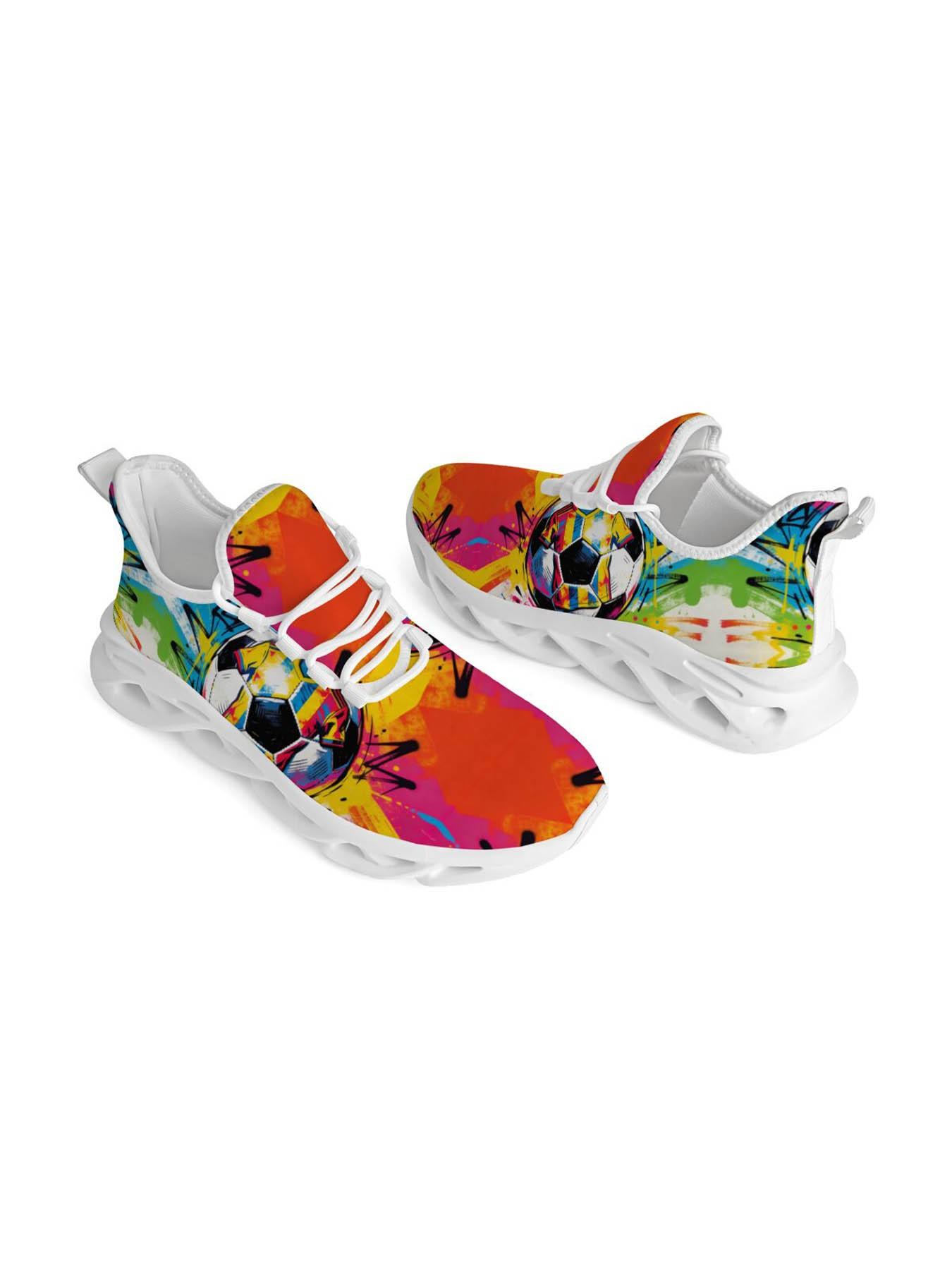Graffiti Football Theme Trendy Sports Shoes, Street Art Style, Vibrant Full Surface Spray, Lightweight Cushioned Sole, Youth Soccer Lovers