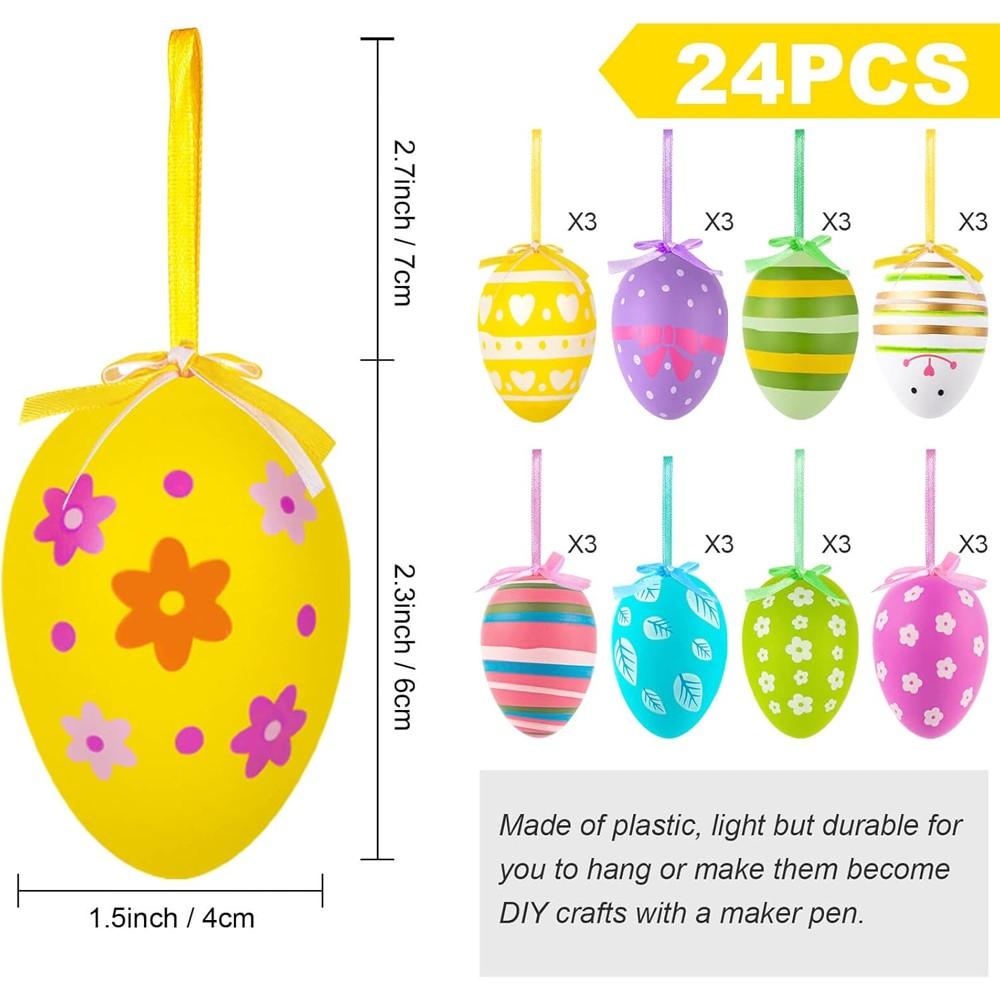 24 Easter Eggs Plastic Hanging Decorations, Colorful Hand-Painted DIY Crafts, Tree Ornament Set, Random Style, Hanging Ball Design