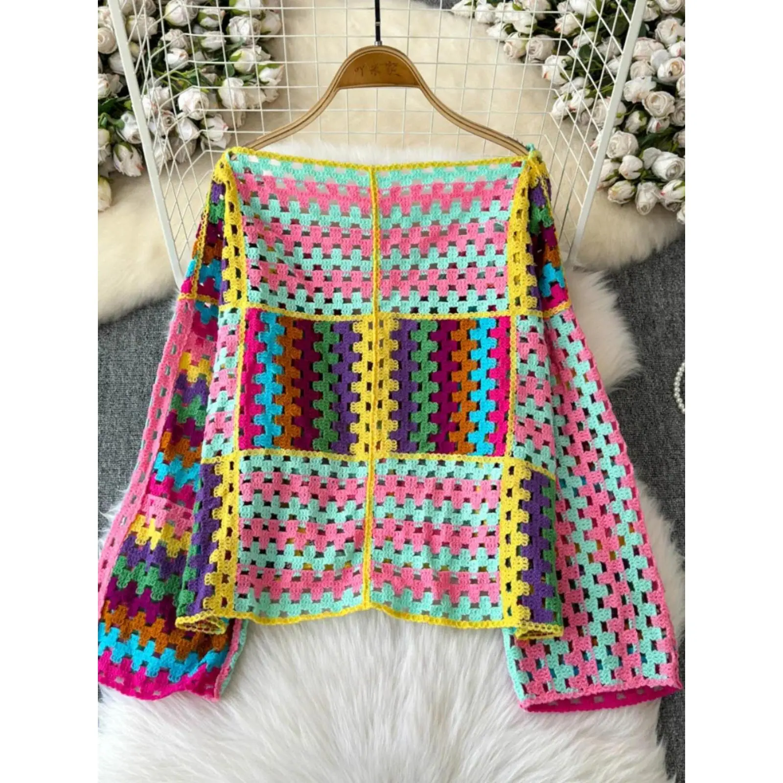 Multicolor Crochet Cardigan Women Sheer Openwork Patchwork Knit Open Front Sweater Jacket  Boho Beach Vacation Festival Outfit