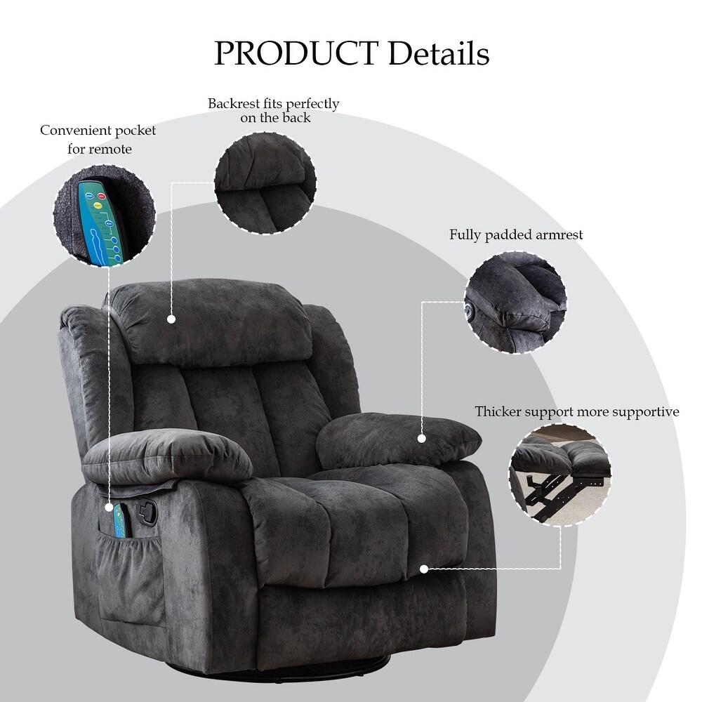 Ebello 35" Wide Massage Recliner Chair with Heat & Vibration, 360° Swivel & Manual Rocker, Grey Upholstered Chair for Living Room & Home Relaxation