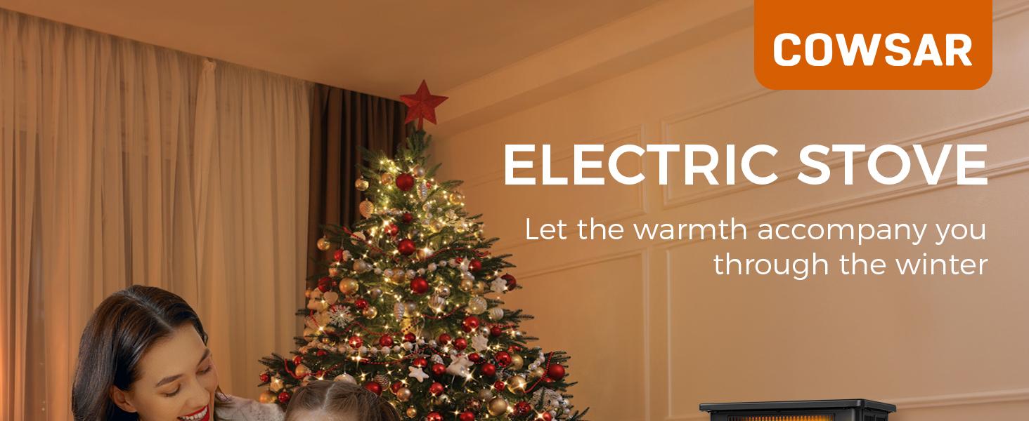 COWSAR Electric Fireplaces, 1500W Infrared Electric Stove Heater, Efficient Heating, 3D Realistic Flame, Remote Control, 8H Timer, Freestanding Stove for Living Room Bedroom Indoor Use, 5100 BTU