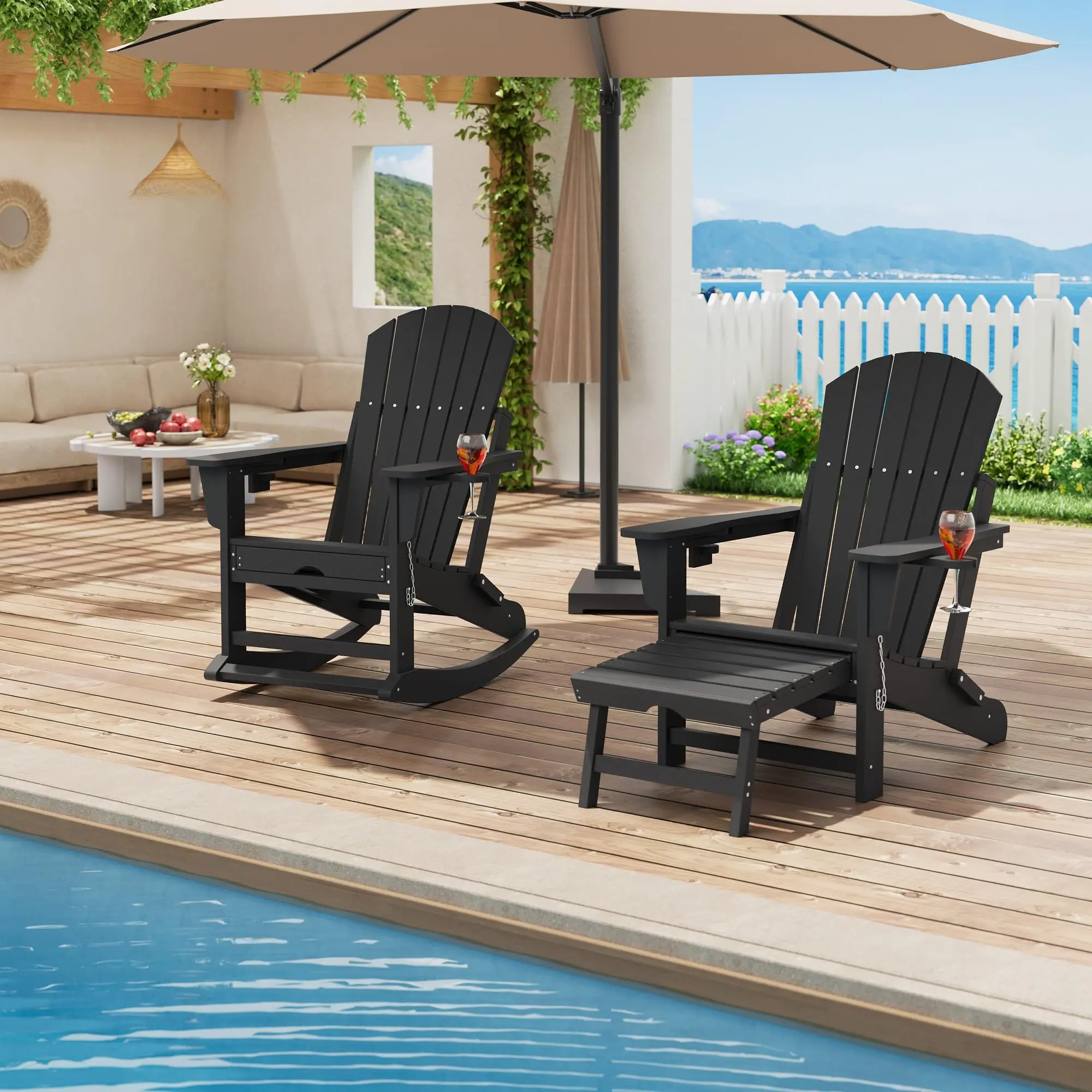 GARVEE 2-in-1 Foldable HDPE Plastic Adirondack Chair - Rocking Recliner with Drink Holder, Wide Armrests, Footrest, Weatherproof Outdoor Use for Terrace, Pool (73.9x84x104.6cm, 1 Piece)