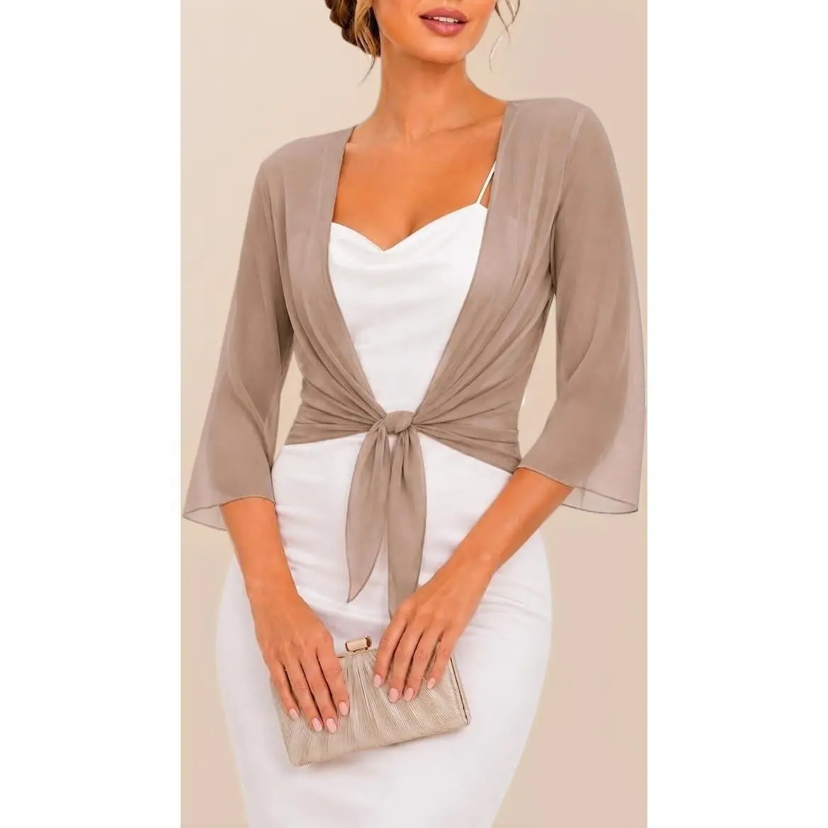 Women's Bolero Shrug Cardigan Tie Open Front 3/4 Sleeve Cropped Top Short Lightweight Jacket for Dresses