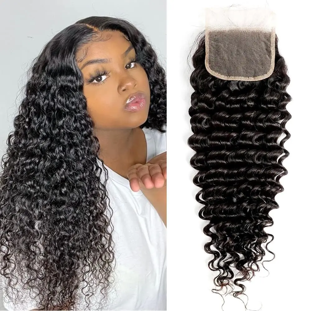 Transparent  Lace Closure Deep Wave Invisible Ultra-thin 4x4 Closure Brazilian  Virgin Human Hair  Black (4x4 Lace Closure, 10 Inch)