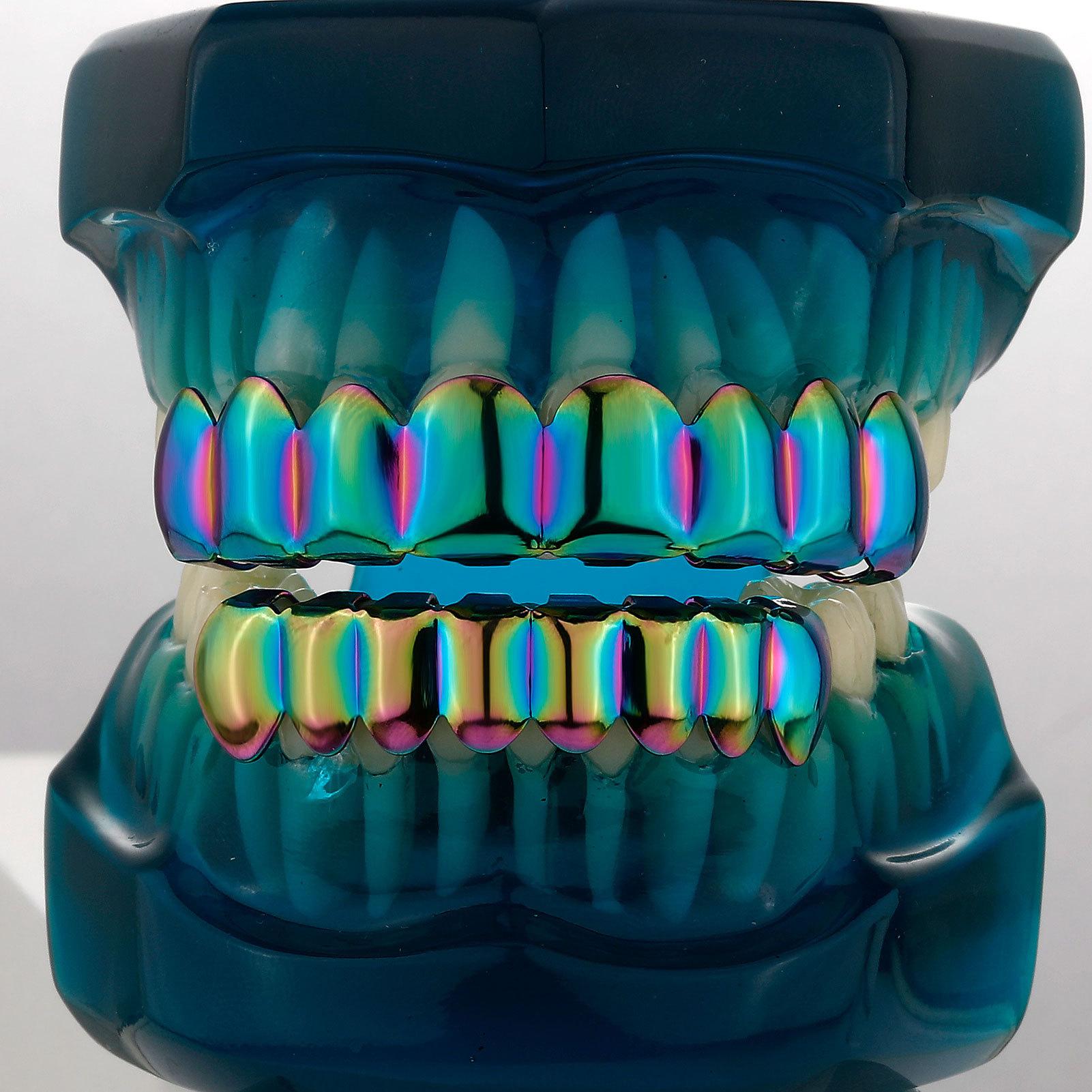 CRUSH CR Retro Cyberpunk Futuristic Iridescent Grillz Set for Men Women, High-Gloss Polished Finish, Hypoallergenic Removable, Ideal for Retro Tech-Themed Parties, 90s/00s Throwback Events, Cyber Goth Gatherings Urban Culture Festivals