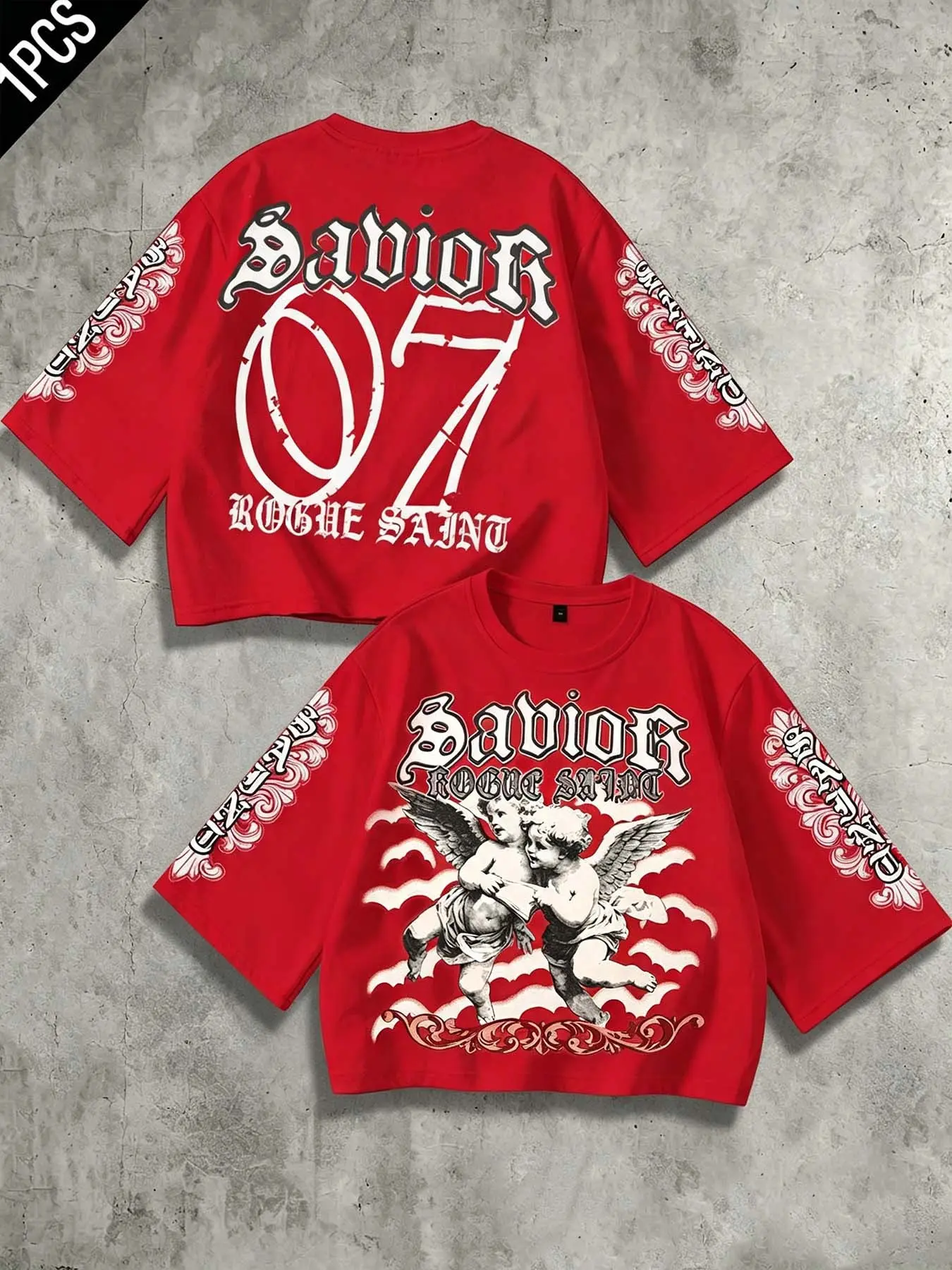 Vintage Red Cropped 3/4 Sleeve T-Shirt, Gothic Savior 07 Angel Print Street Style Loose Top, Y2K Hip-Hop Casual Cropped Top