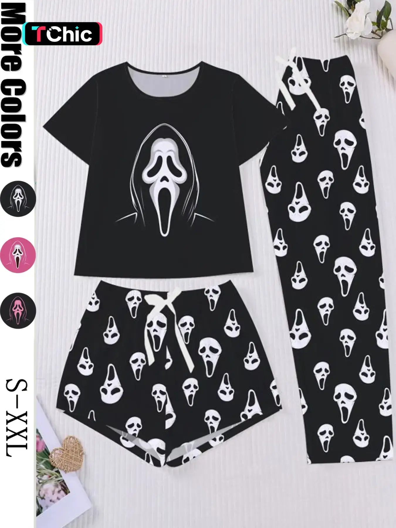 Halloween Pajama Set, 3-Piece Ghost Face Print Women's Sleepwear, Short-Sleeve Round Neck Top, Elastic Waist Shorts and Pants, Casual for Home Fit