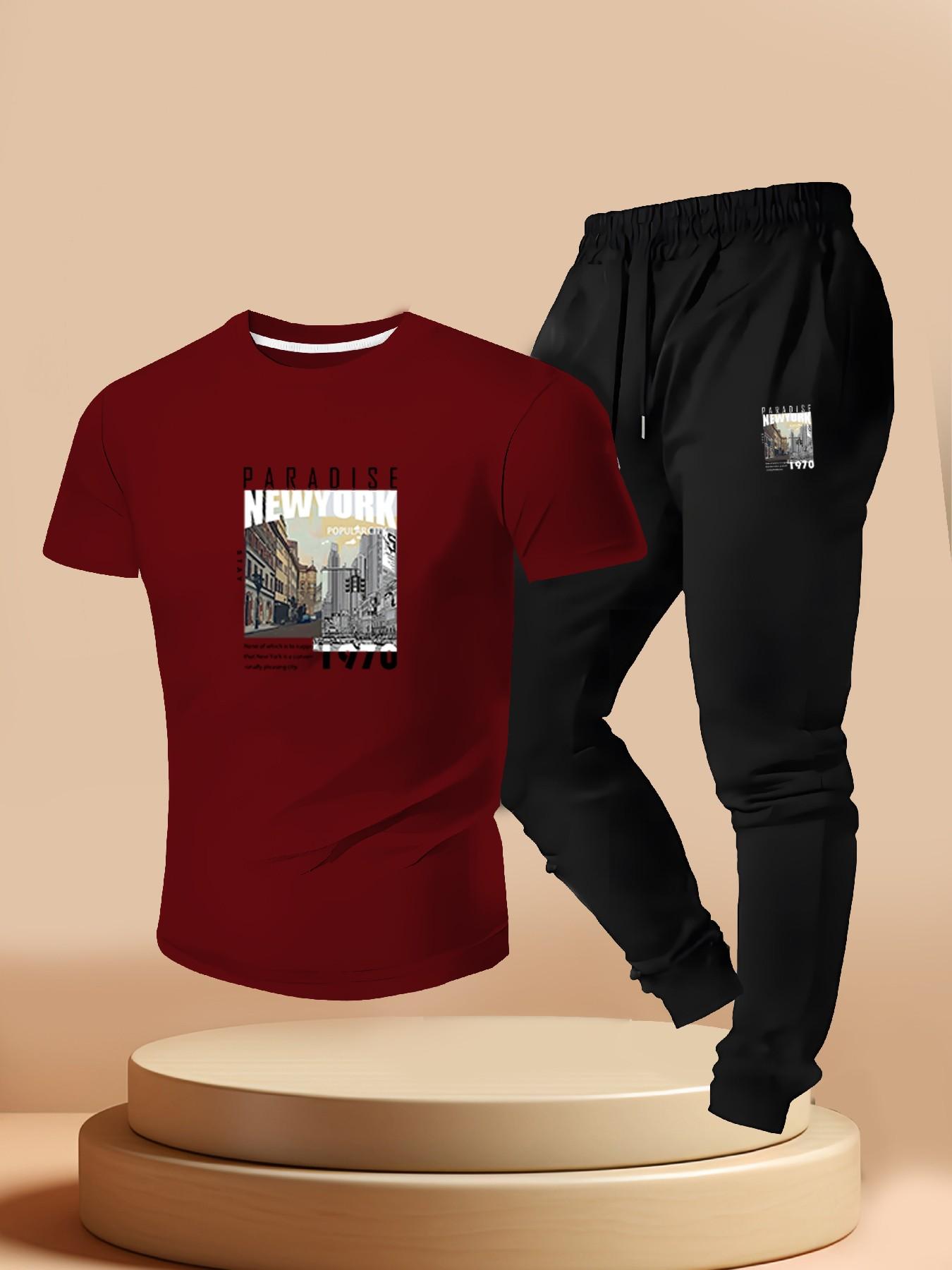 American Vintage New York 1970s Paradise City Print, Men's Short Sleeve Tee + Joggers Set, Summer Urban Style, Slim Fit, Regular Length