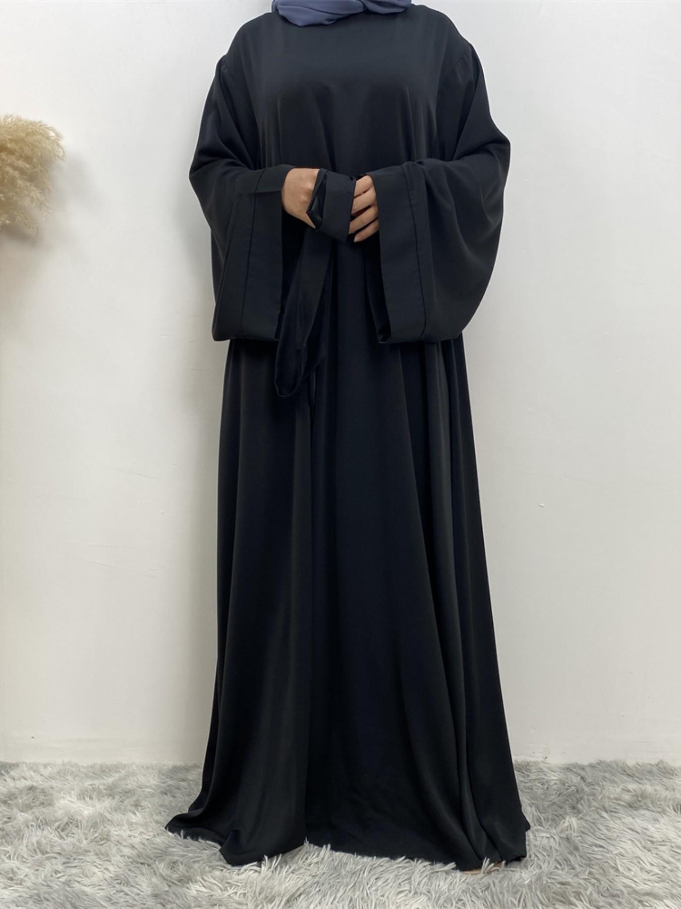 Muslim Modest Fashion Simple Nida High-Quality Long Sleeve Wide Sleeve Dress with Waist Belt, No Hijab Included, 12 Colors, 5 Sizes Available EID Ramadan Dress, Muslim Evening Dress
