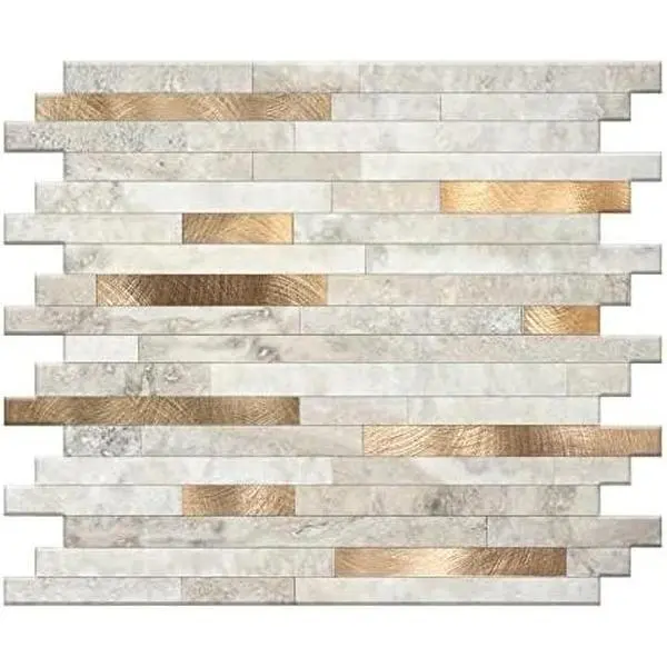 Beige Marble with Golden Stripes Peel and Stick Backsplash Tile - 1 Sheet, 4mm Thick Self-Adhesive Wall Tile for Kitchen, Bathroom (11.4”x10.6”)