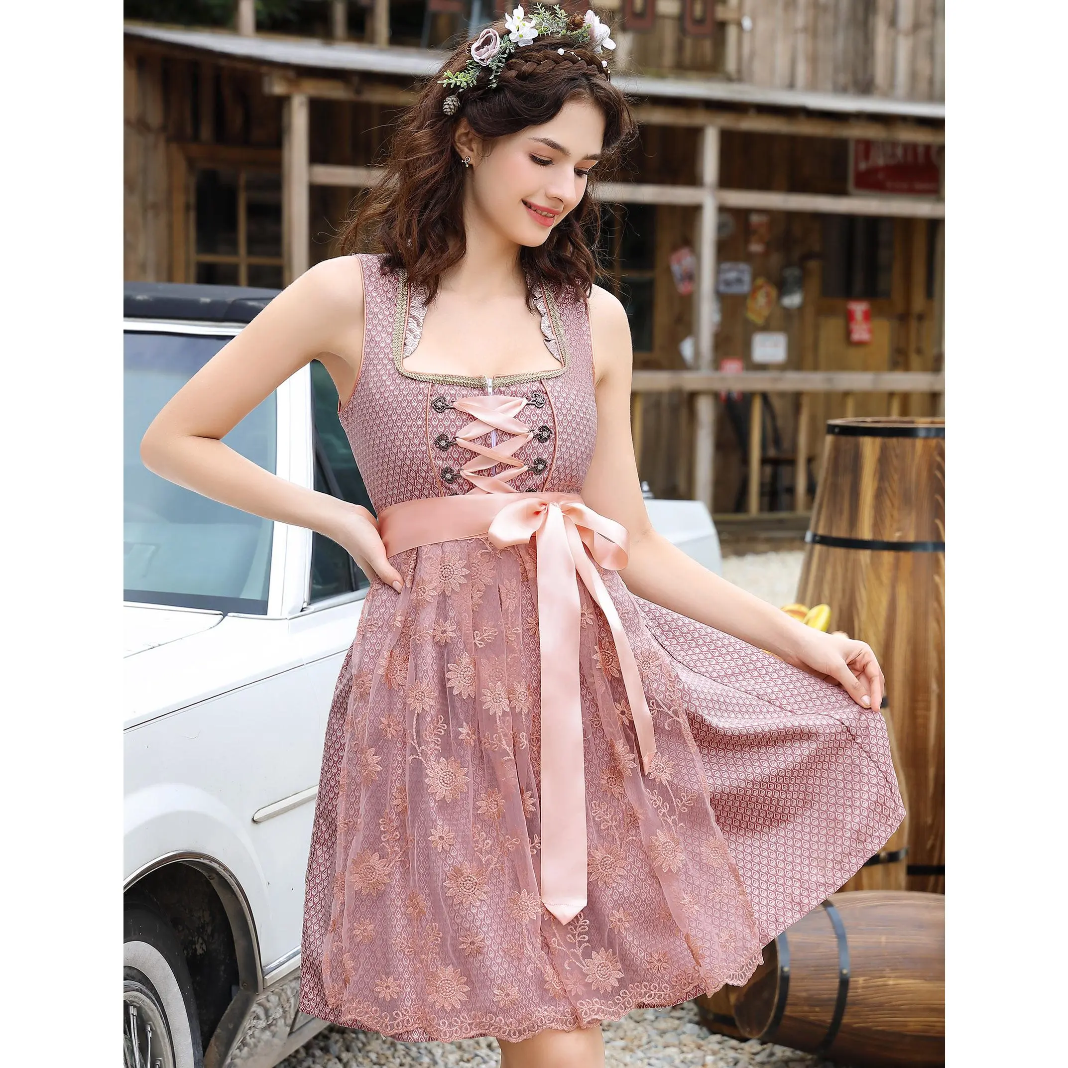 YF Women's 2 Piece Oktoberfest Dirndl Dress Set Pink Diamond Jacquard Floral Lace Apron Bavarian Beer Maid Costume Sleeveless Vintage Dress for Halloween Festival Theme Party Cosplay
