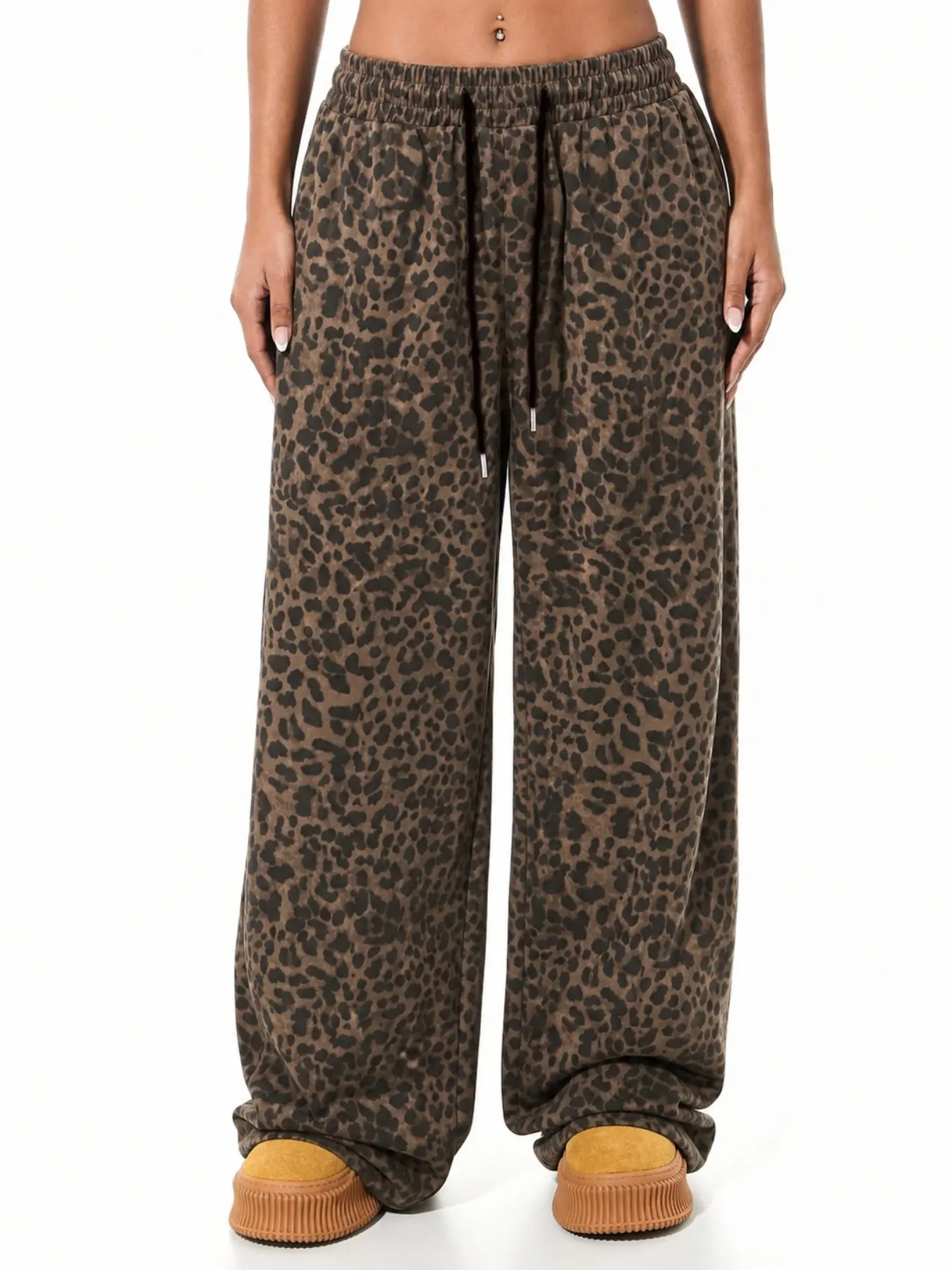Women's Brown Leopard Drawstring Wide Leg Sweatpants, Elastic Waist Loose Casual Trousers