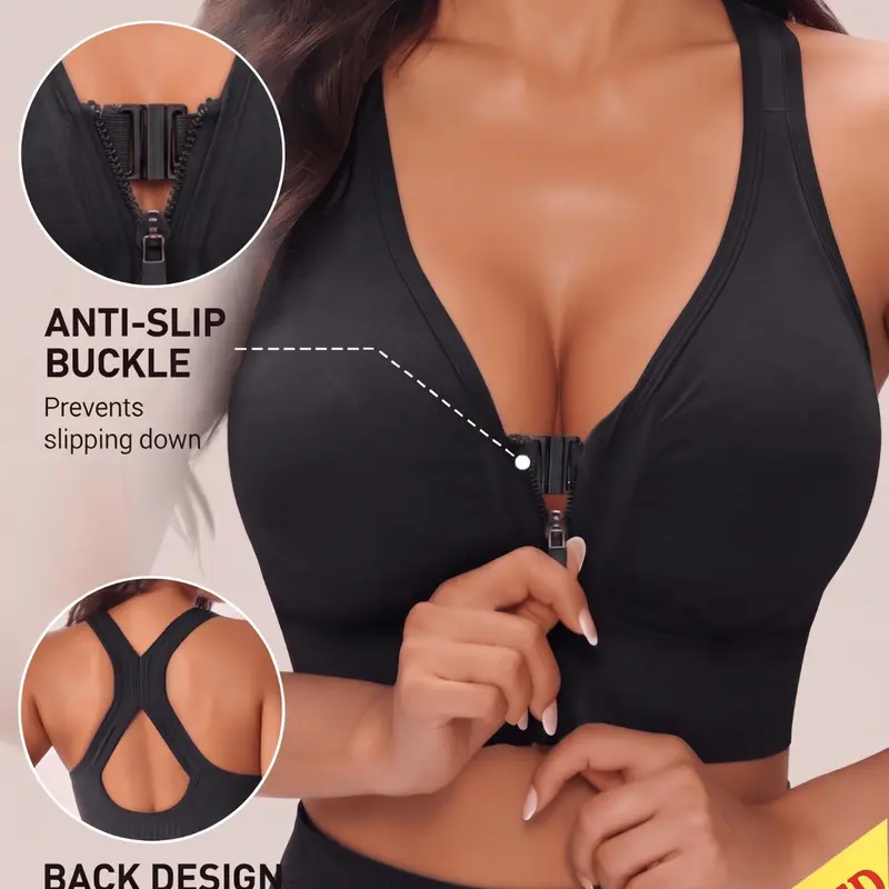 Women's Wireless Bra, Wirefree, Sports Backless Bra, Wide Straps Comfortable, Front Zipper Easy On/off, Suitable for Yoga, Running, All Seasons, Wirefree Sports Bras