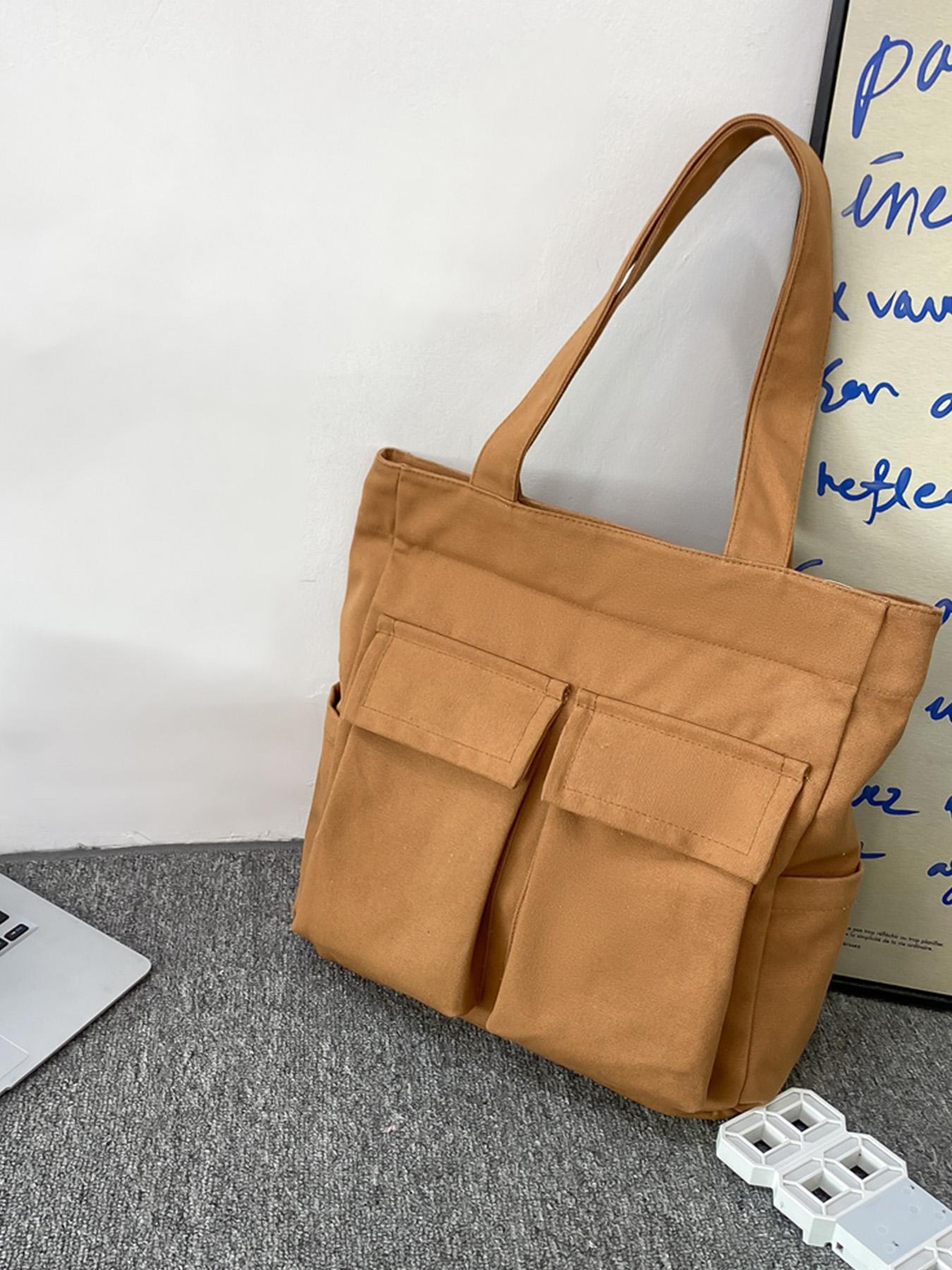1PC Men's tote bag, solid color zipper closure, fashionable and versatile, simple and large capacity, suitable for daily commuting, outdoor travel, camping, suitable for students, campus, men's tote bag
