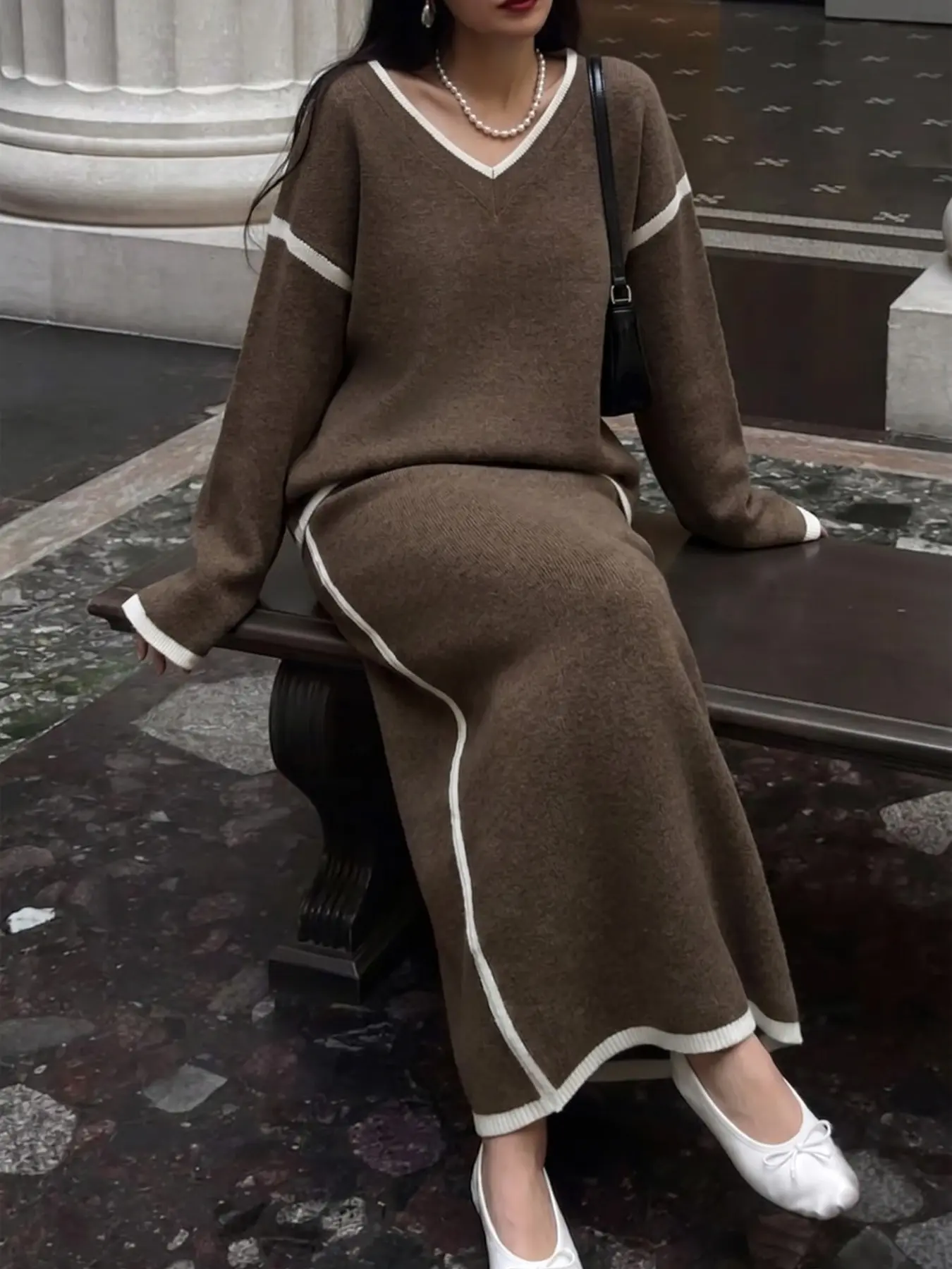 Autumn Winter Fashion Elegant Simple Colorblock Vintage Lazy Light Mature Atmosphere Knit Set, Women's V Neck Long Sleeve Top and Midi Skirt Two Piece Set Knit Casual Set