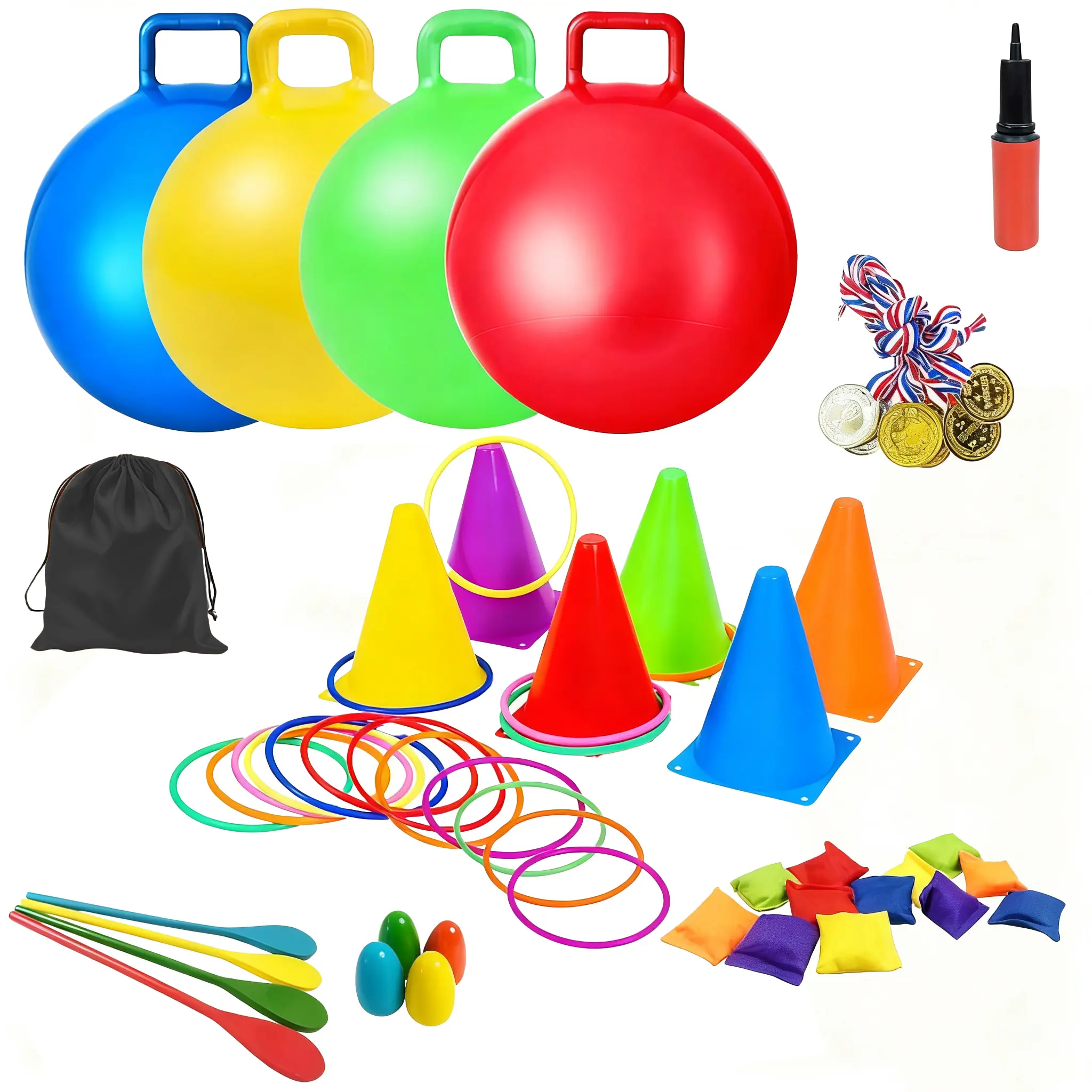 53PCS Outdoor Carnival Games Set with Hopper Balls, Ring Toss, Bean Bags, Egg Spoon Relay Race, Fun Field Day Activities for Kids, Backyard Birthday Party Family Reunion Supplies