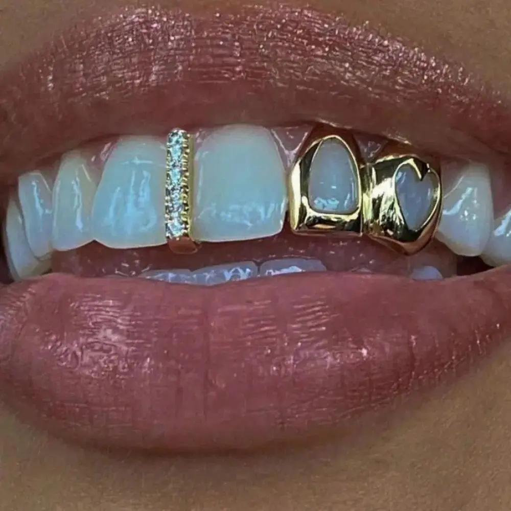 2pcs Set Hip-hop Gold Color Hollowed Hearts Zircon Inlay Stainless Steel Dental Grills for Women Men Teeth Jewelry Accessories