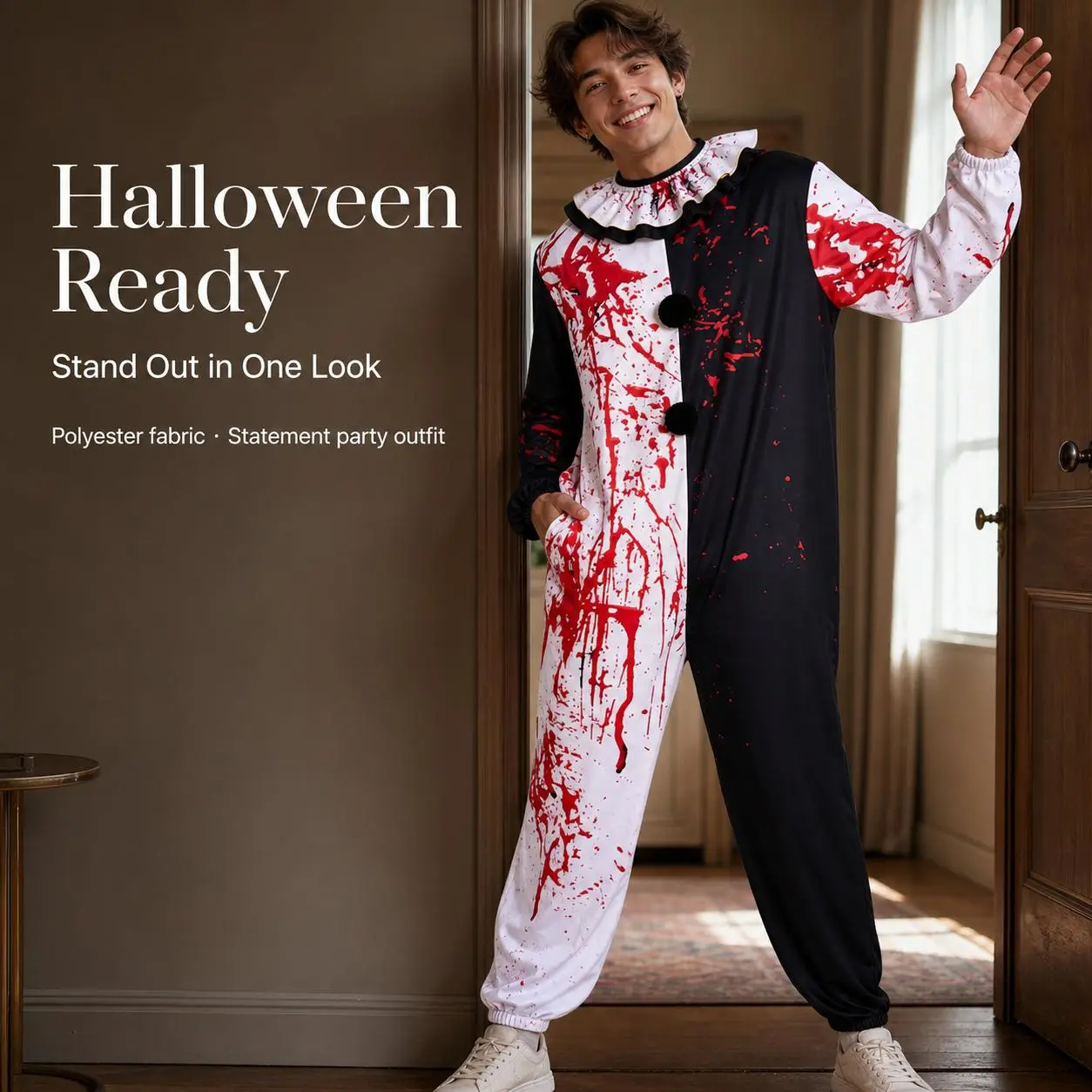Kids' Terrifier Horror Clown Costume - Black-White Split Jumpsuit, Blood Print, Neck Ruffle, Scary Cosplay Outfit for Haunted Party Halloween Fancy Dress