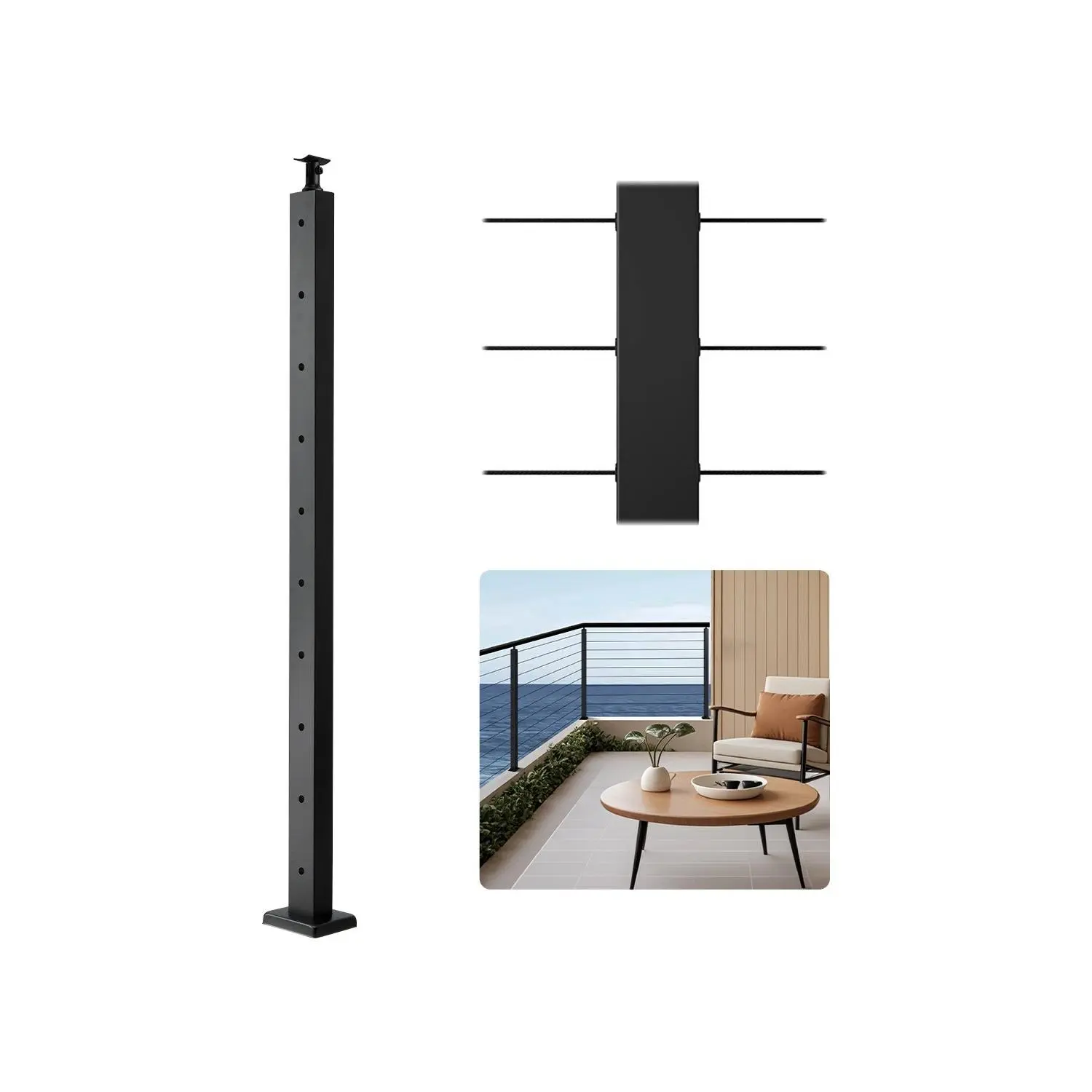 VEVOR 1-Pack Rectangular Cable Post, 36x2x2 In Stainless Steel Horizontal-Hole Deck Railing Post with Pre-Drilled Holes, Horizontal & Curved Brackets, Black for Deck Safety & DIY Users, 1JZLGZXHS9148RVYS001V0