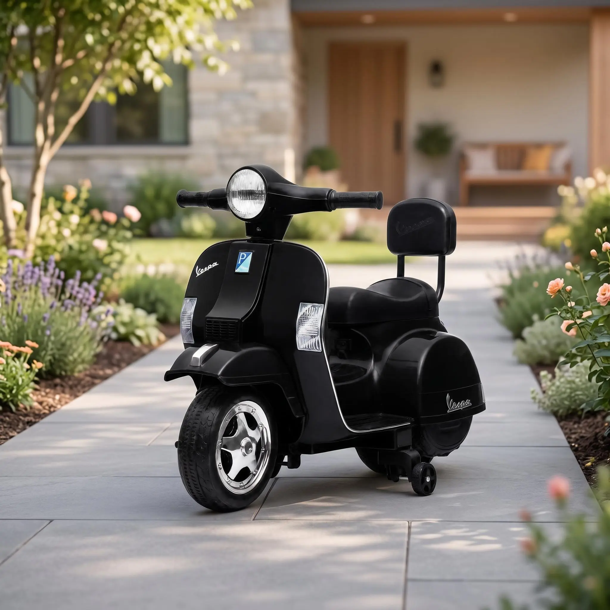 【IdealHouse】Officially Licensed Classic 6V Unisex Kids Electric Ride-On Scooter, 4-Wheel Anti-Rollover Design with Stabilizer Training Wheels, Front Headlight, Comfort Backrest, Durable PP Plastic Body Rechargeable Toddler Toys Vehicle