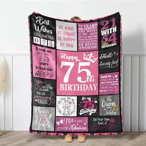 Contemporary 75Th Birthday Throw Blanket, All-Season Flannel Knitted Digital Print, Polyester, 200-250G Lightweight Fabric, With Special Keepsake Gift Design, For Pink And Black Checkered Celebration Theme