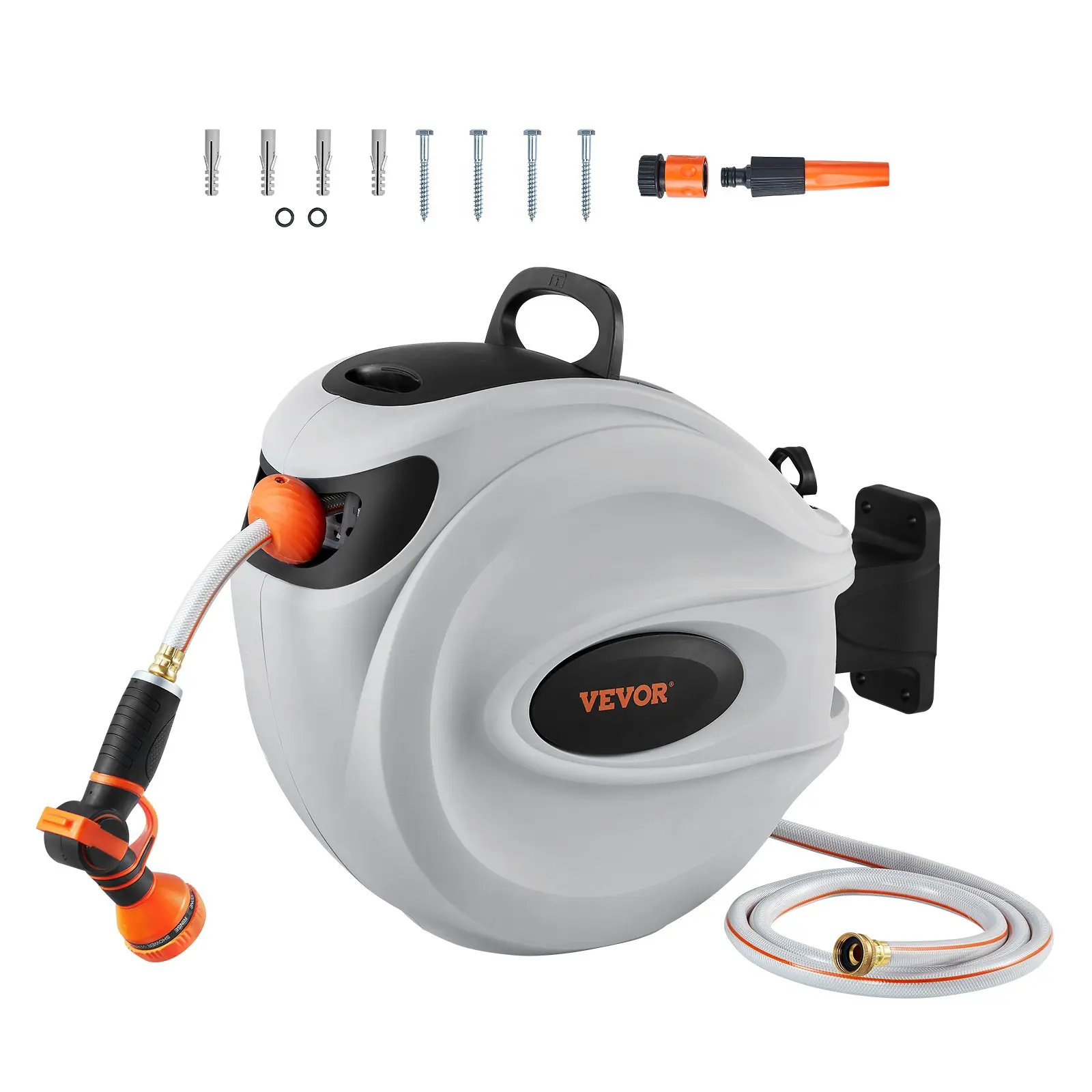 VEVOR Wall Mount Retractable Hose Reel, 65ft x 5/8in, 180-Swivel Bracket, Garden Water Hose Reel with 9-Pattern Nozzle, Auto Rewind, Lock Position, Slow Return System, Outdoor