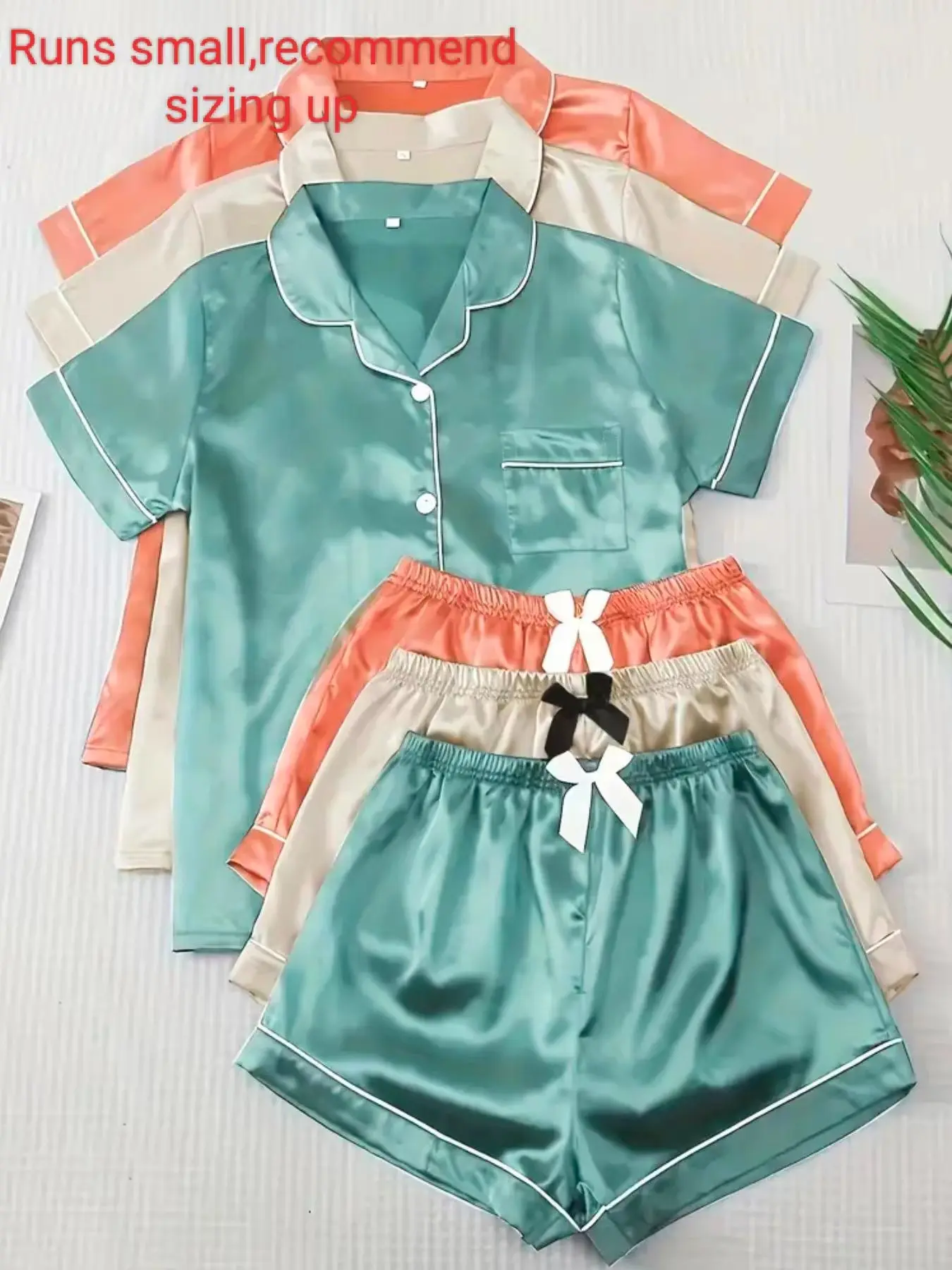 Women's Solid Contrast Binding Bow Decor Casual Pajama Set, Short Sleeve Button Front Lapel Shirt & Shorts Pj Set, Ladies Summer Sleepwear & Loungewear