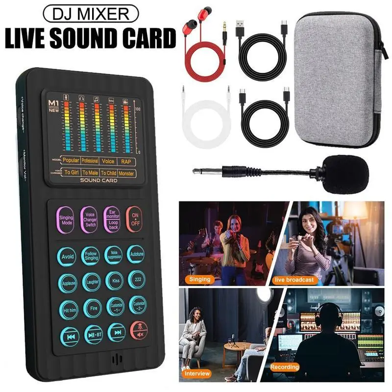 HIAKB Handheld Live Sound Card M1 Smart Podcasting Audio Mixer Console with Bluetooth Microphone & Headphones for Live Streaming Gaming YouTube Recording Compact Design